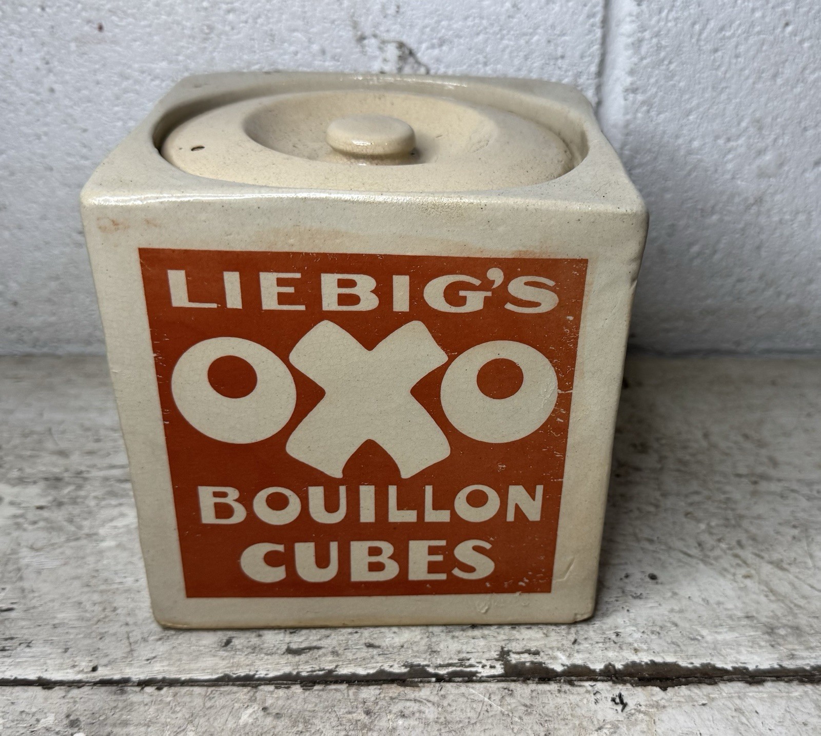 Antique VTG Early Liebig’s OXO Bouillon Cubes Advertising Stoneware Container Antique VTG Early Liebig’s OXO Bouillon Cubes Advertising Stoneware Container