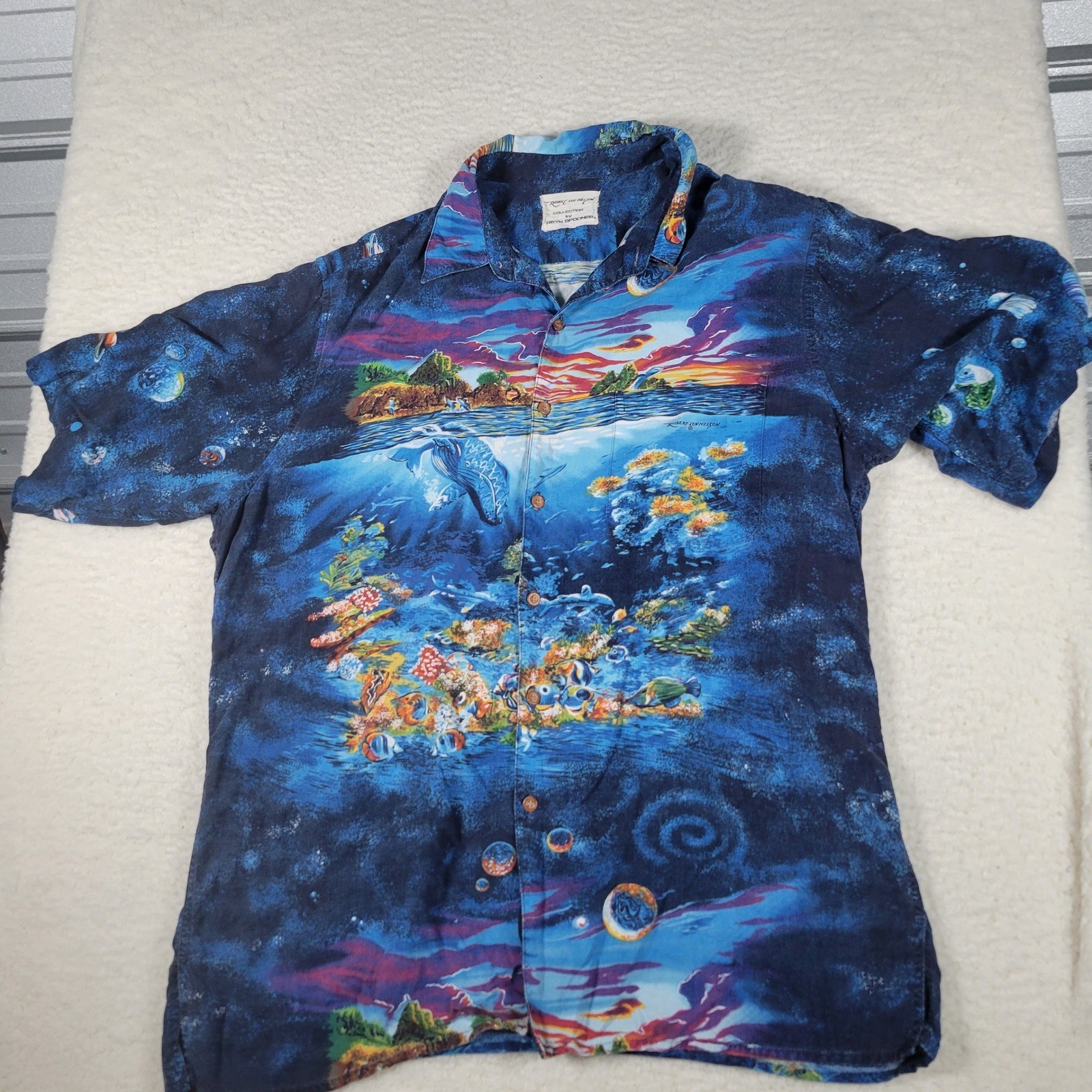 Reyn Spooner Robert Lyn Nelson Shirt Mens L Blue Underwater Space Whale Reef