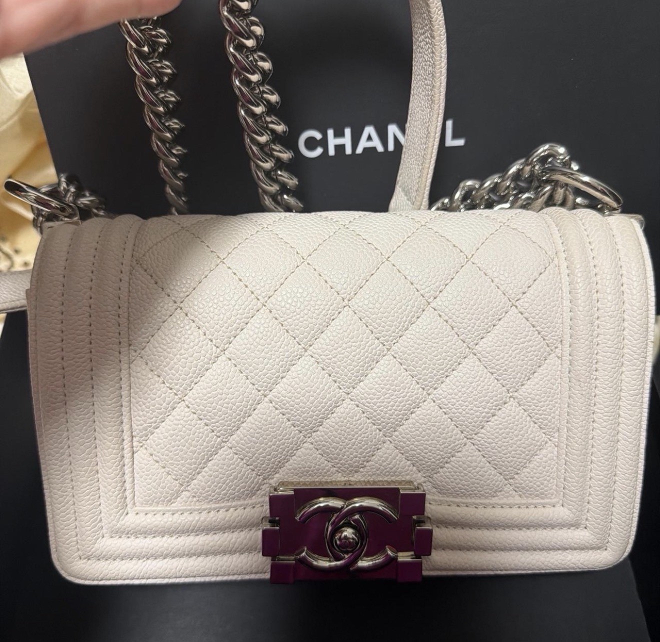 CHANEL Boy Small White Quilted Shoulder Bag Silver Chain Push Lock w/ COA Caviar CHANEL Boy Small White Quilted Shoulder Bag Silver Chain Push Lock w/ COA Caviar
