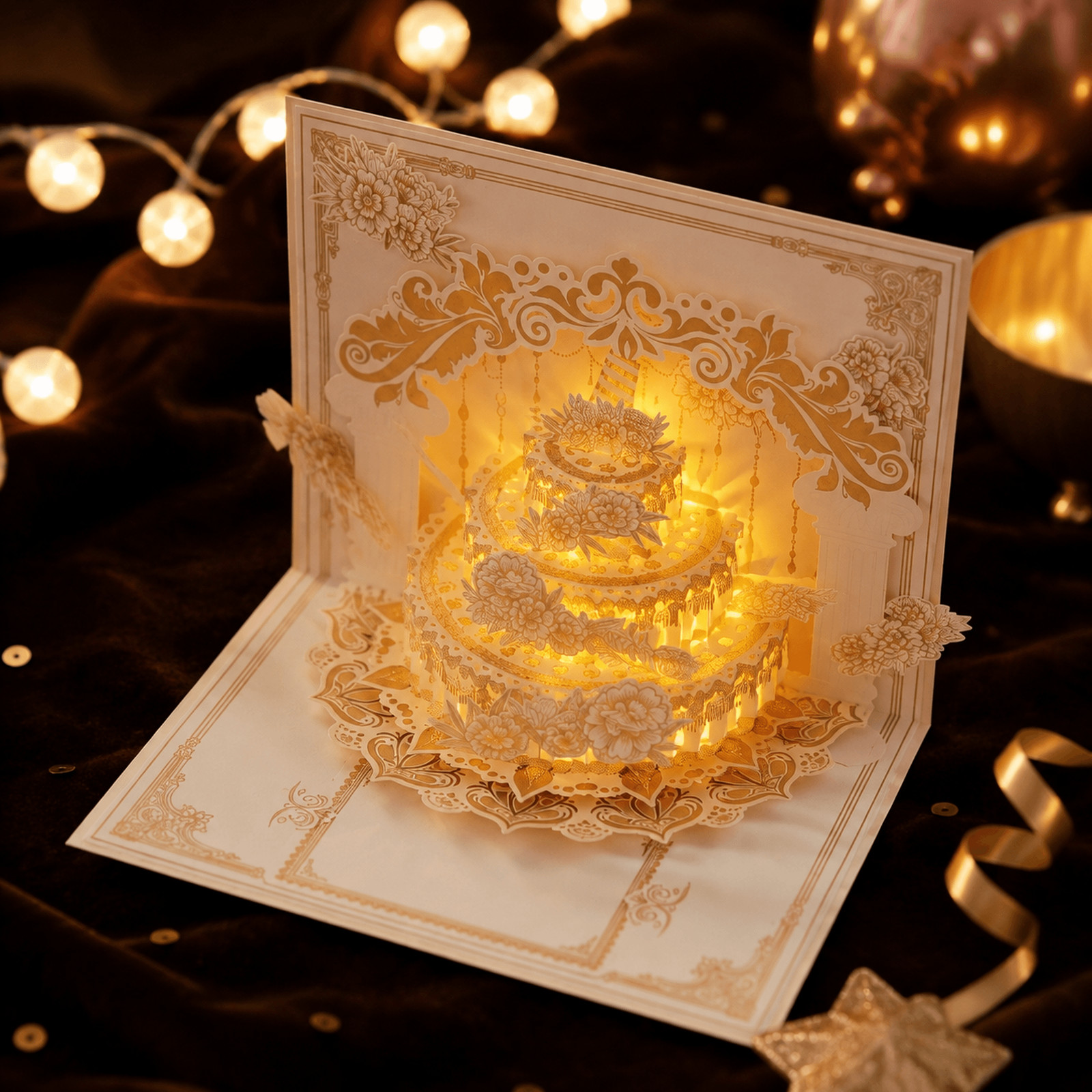 3D Pop‑Up Birthday Card Cake & Flower Design With Music Light And Envelope