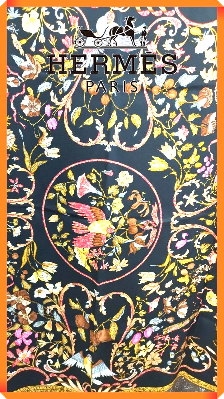 HERMES Carre 90 PIERRES d\'ORIENT et d\'OCCIDENT Silk Scarf Black From Japan