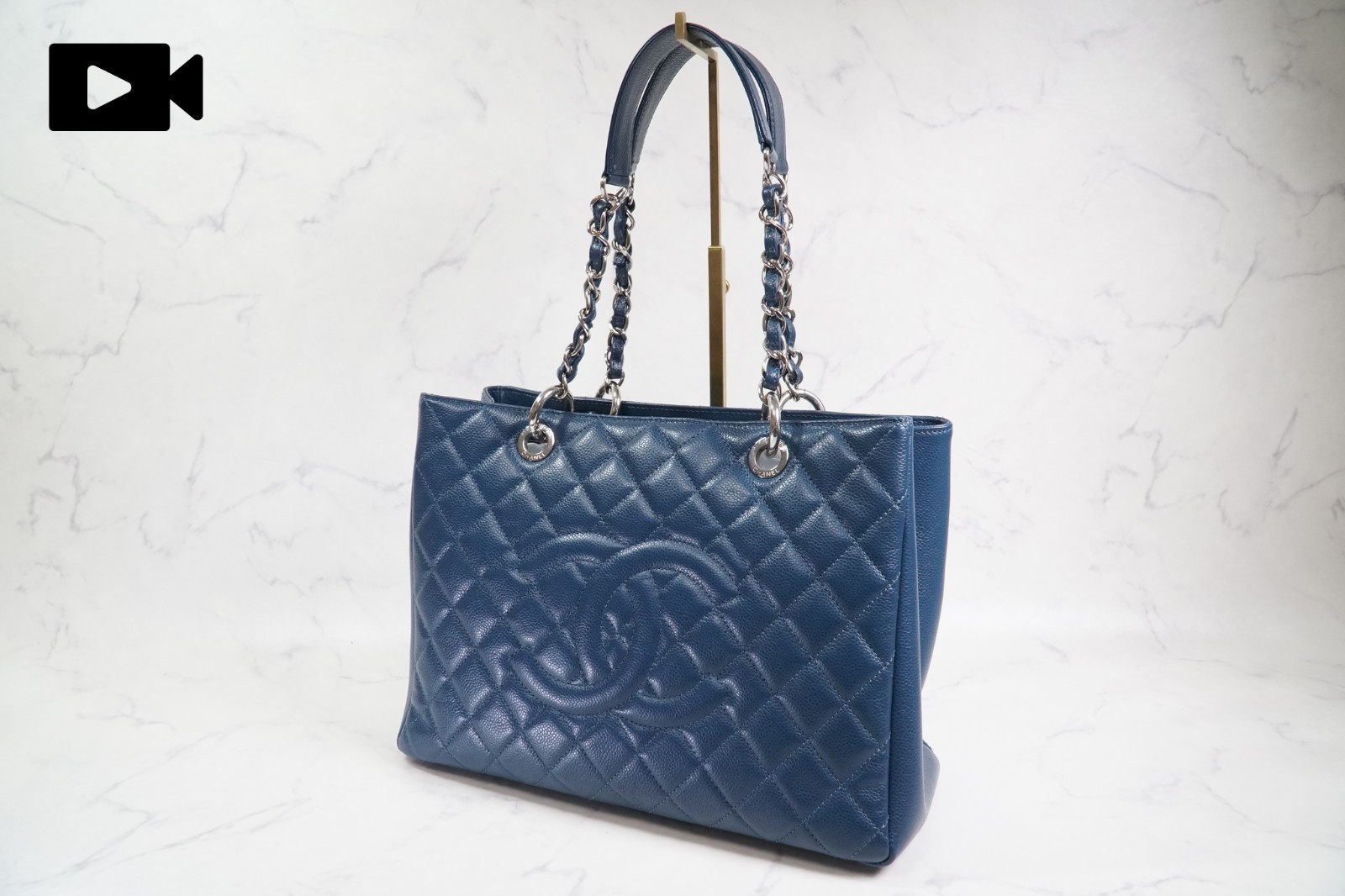 [EXCELLENT] CHANEL GST Grand Shopping Tote Blue Caviar Leather Chain Bag Silver