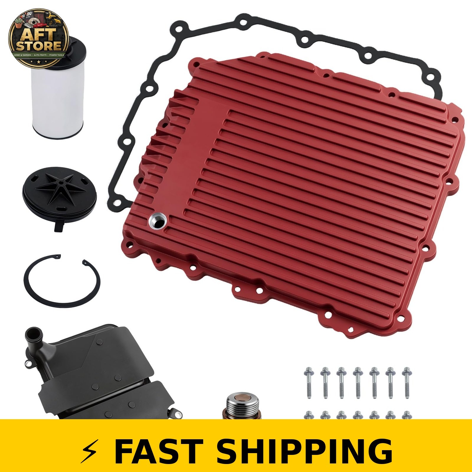FBXINTUM Aluminum Transmission Oil Pan with Magnetic Drain Plug (Red)