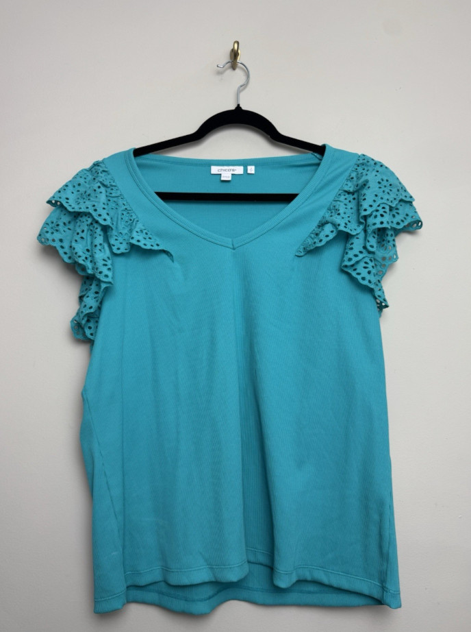 Chico\'s Womens Eyelet Tee Shirt Top Size 2 Large Blue Ribbed Cap Sleeve
