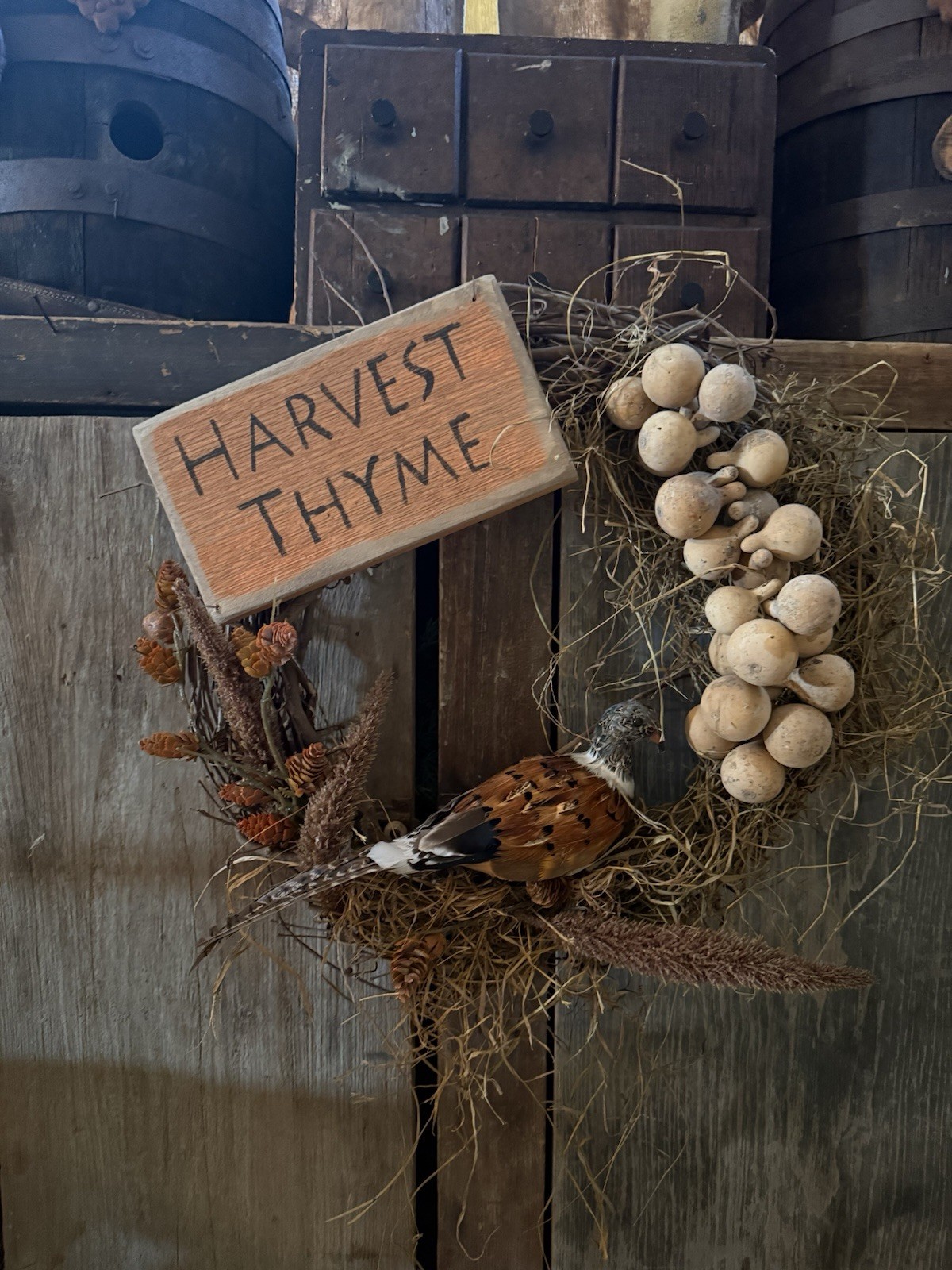 Primitive Awesome Fall Pheasant Wreath Dried Gourds Early Cabin Goods 