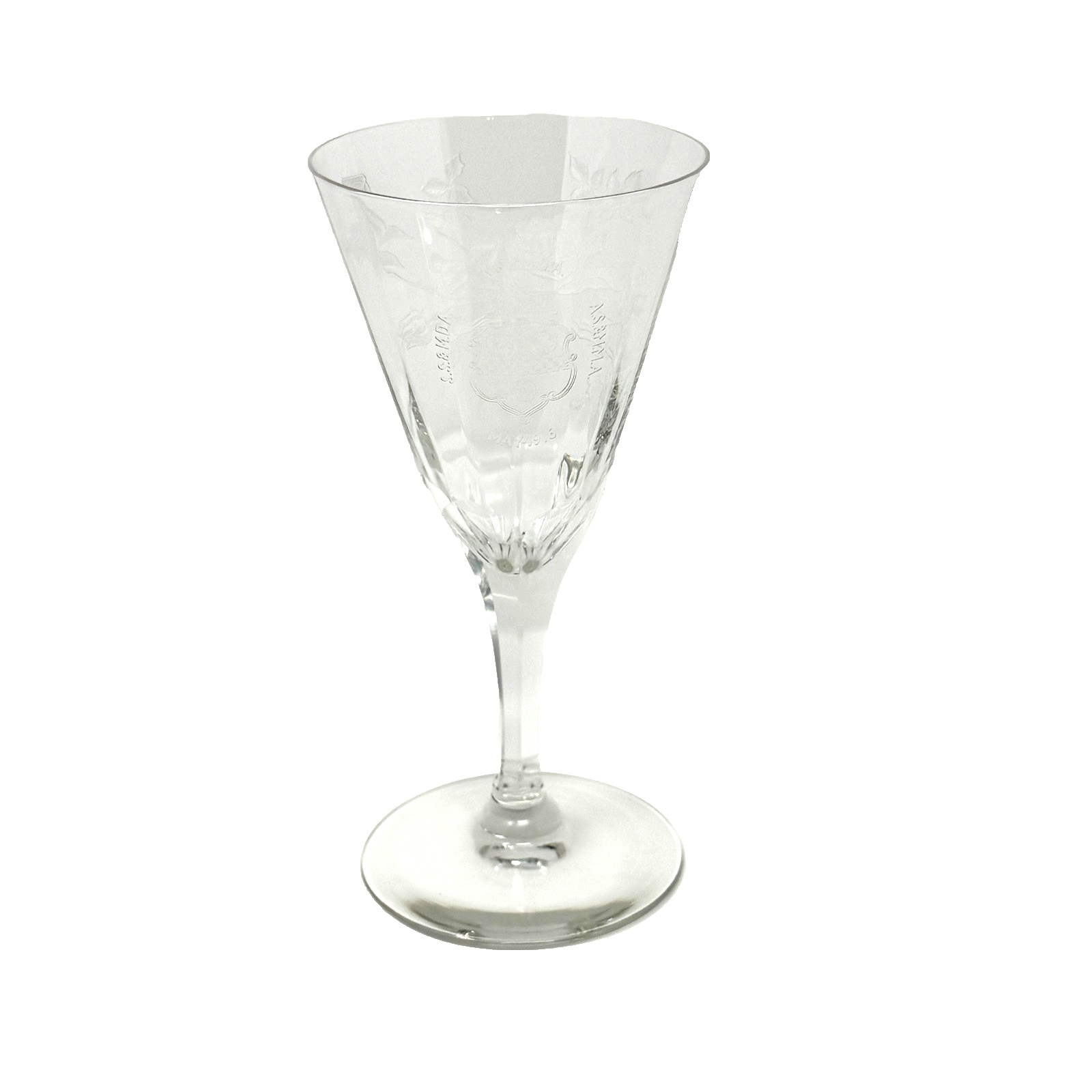 Antique Etched Wine Glass K S M D A Crest May 1916 Floral Stemware