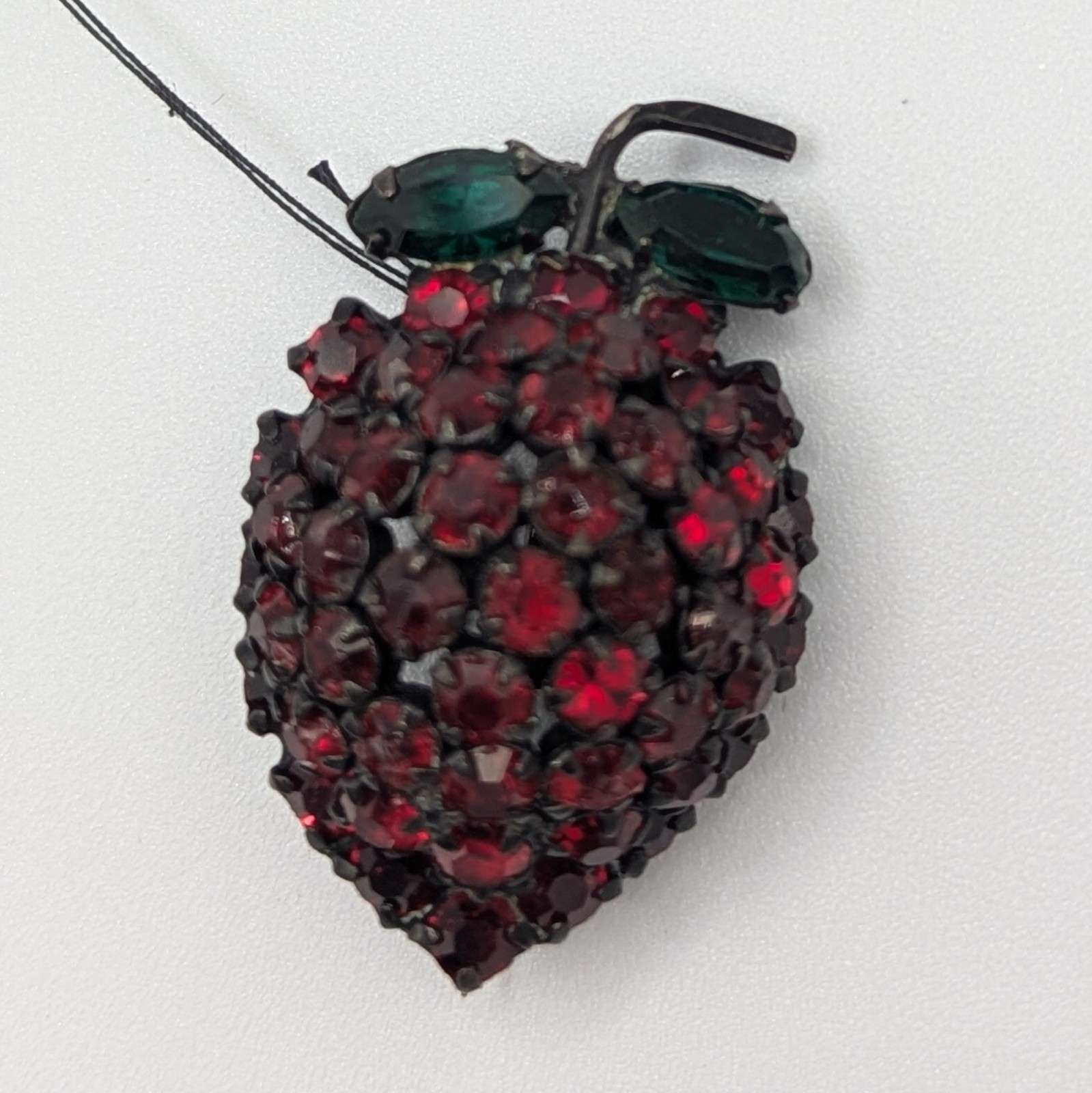 Vintage Warner Strawberry Rhinestone Brooch - Dark Red, Green, Black Back