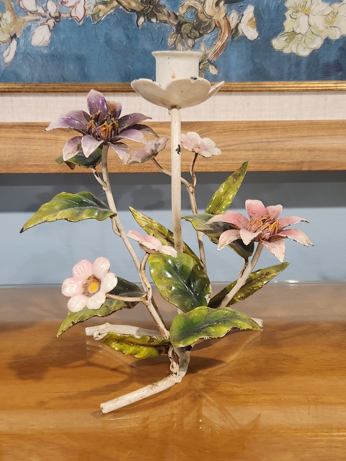Vintage Italian Tole Toleware Metal Flowers Leaves Candle Holder Vintage Italian Tole Toleware Metal Flowers Leaves Candle Holder