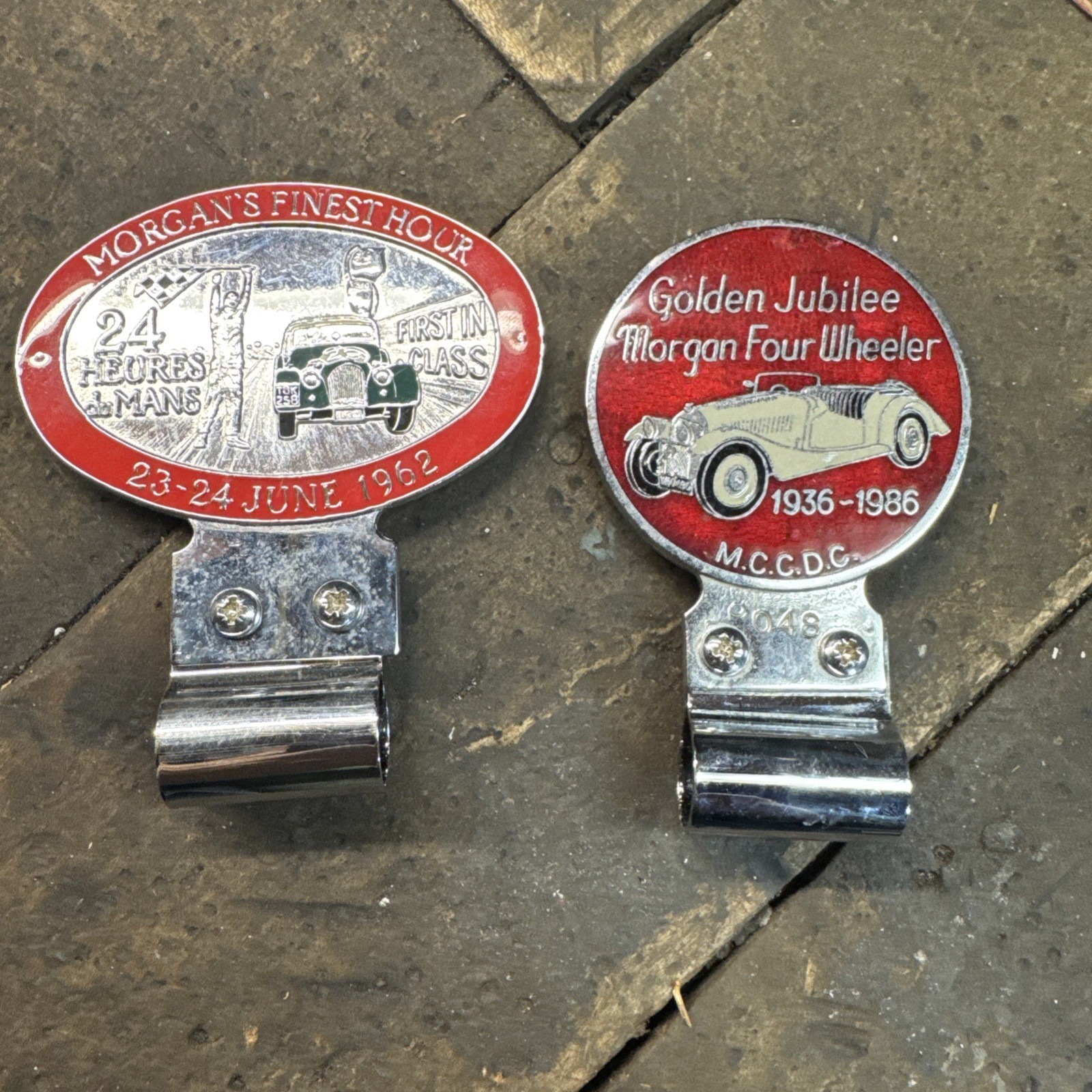 Vtg Morgan Grill Bar Badge LOT of 2 Metal Badge Bar Le Mans 1962