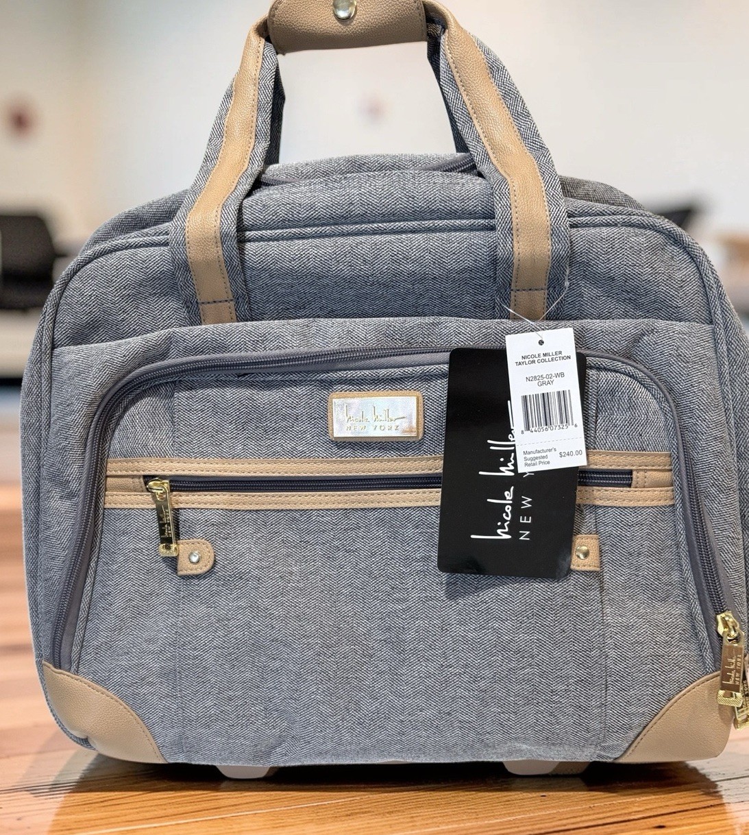 Nicole Miller Luggage Under Seat Rolling Bag Gray & Tan New with Tags Nicole Miller Luggage Under Seat Rolling Bag Gray & Tan New with Tags