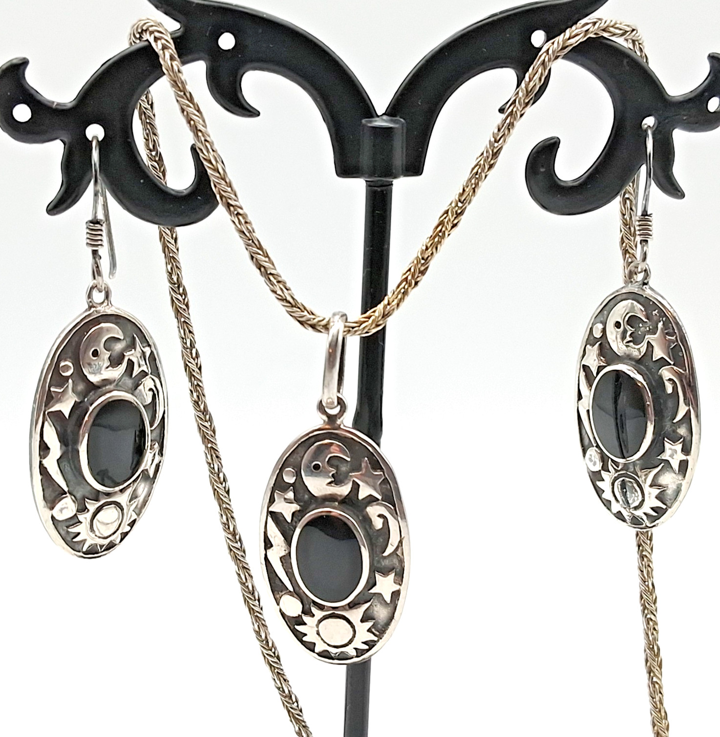 VTG Boma 925 Sterling Silver Black Onyx Sun, Stars &Moon Earrings & Necklace Set