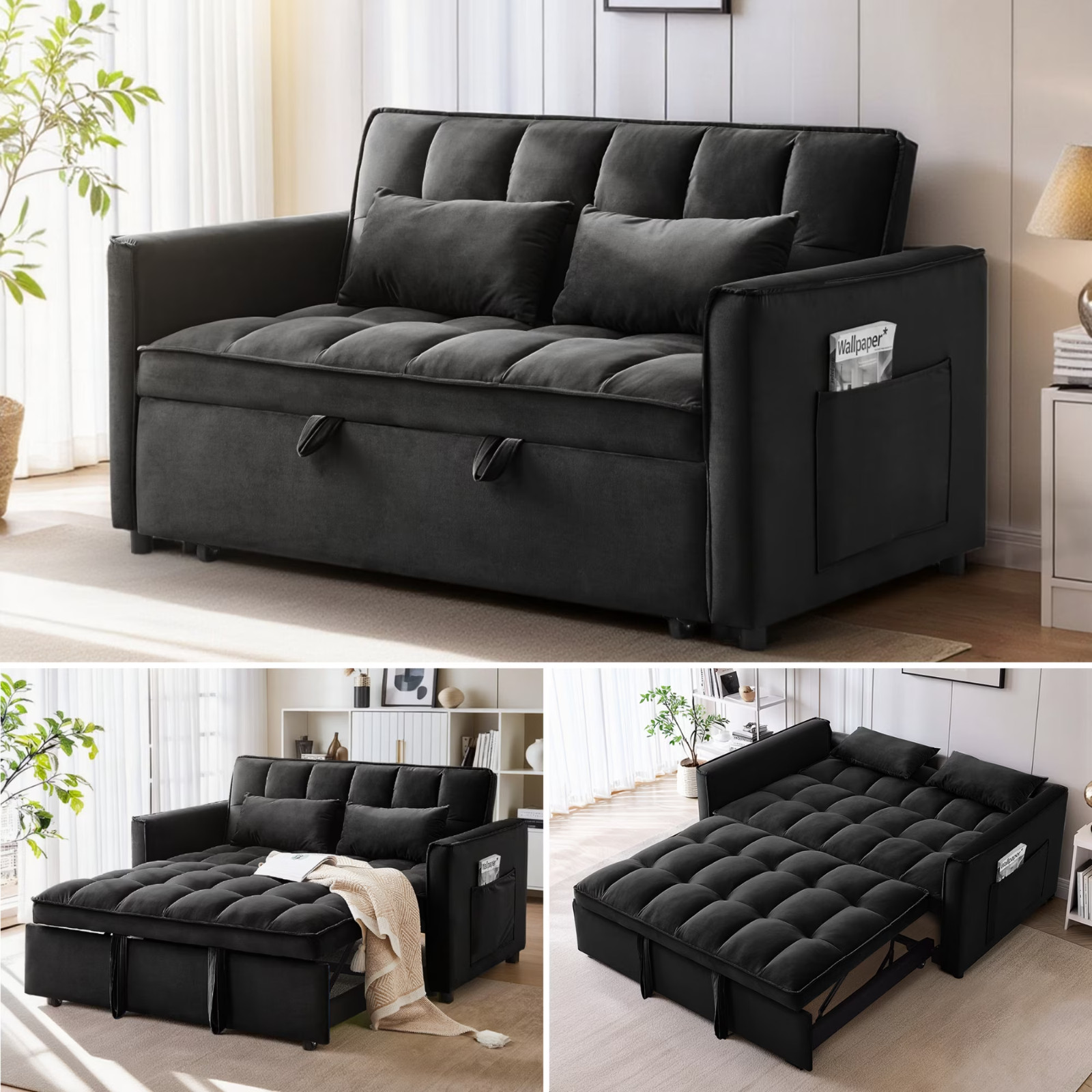 3&1 Convertible Sleeper Sofa Bed Velvet Pull Out Couch Adjustable Loveseat Futon