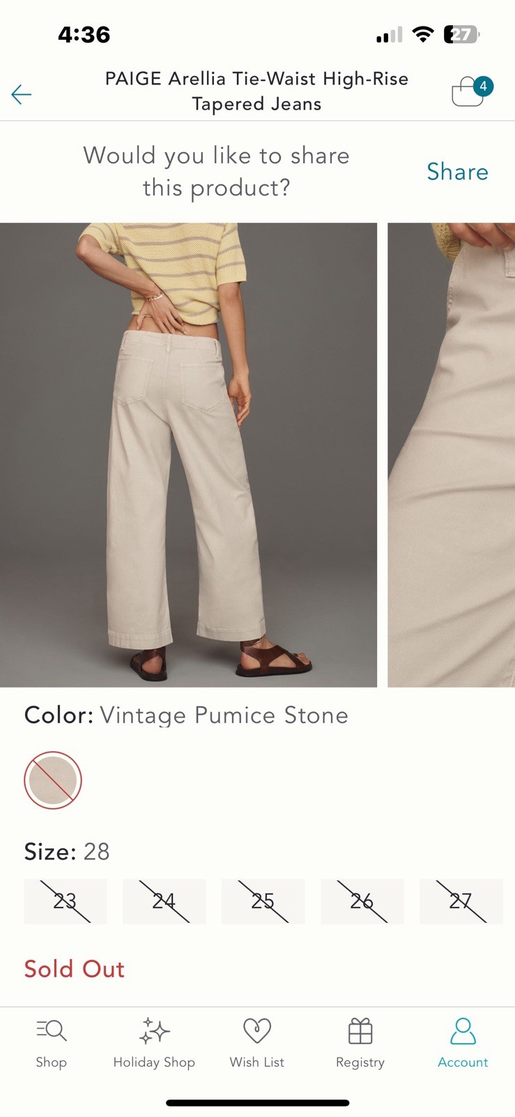 NWT Anthropologie Paige Premium Women\'s Arellia Ankle Pant Vintage Stone 29