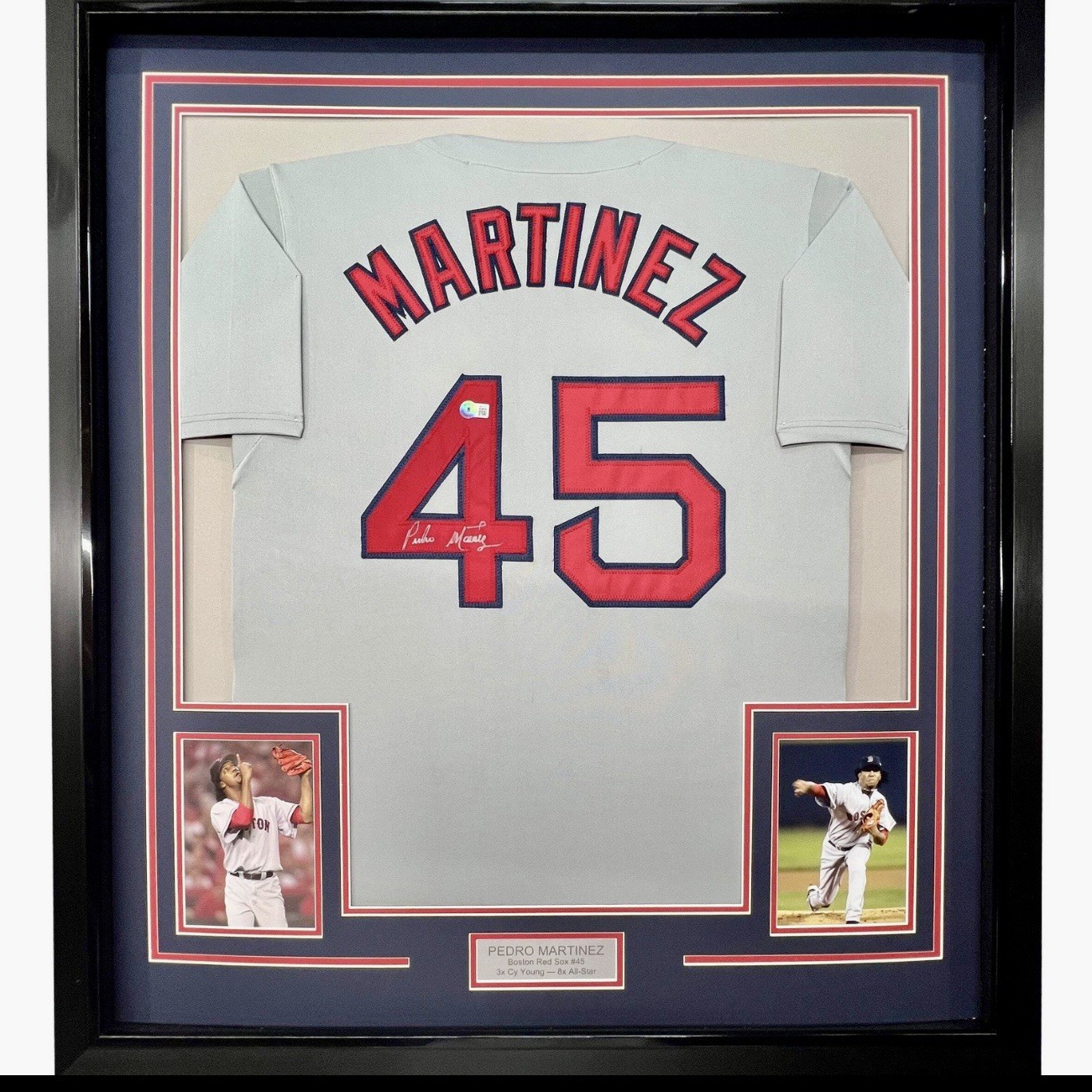 Framed Autographed/Signed Pedro Martinez 35x39 Boston Grey Jersey JSA COA