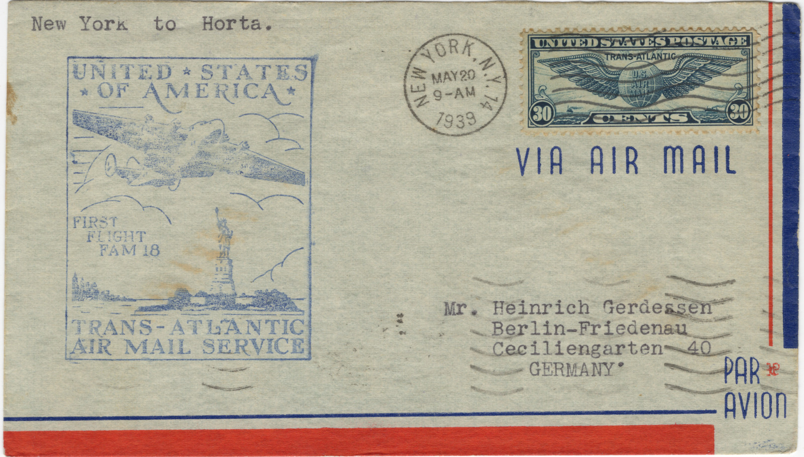 1939 FAM 18 First Flight Cover Pan Am Yankee Clipper Transatlantic Airmail C24