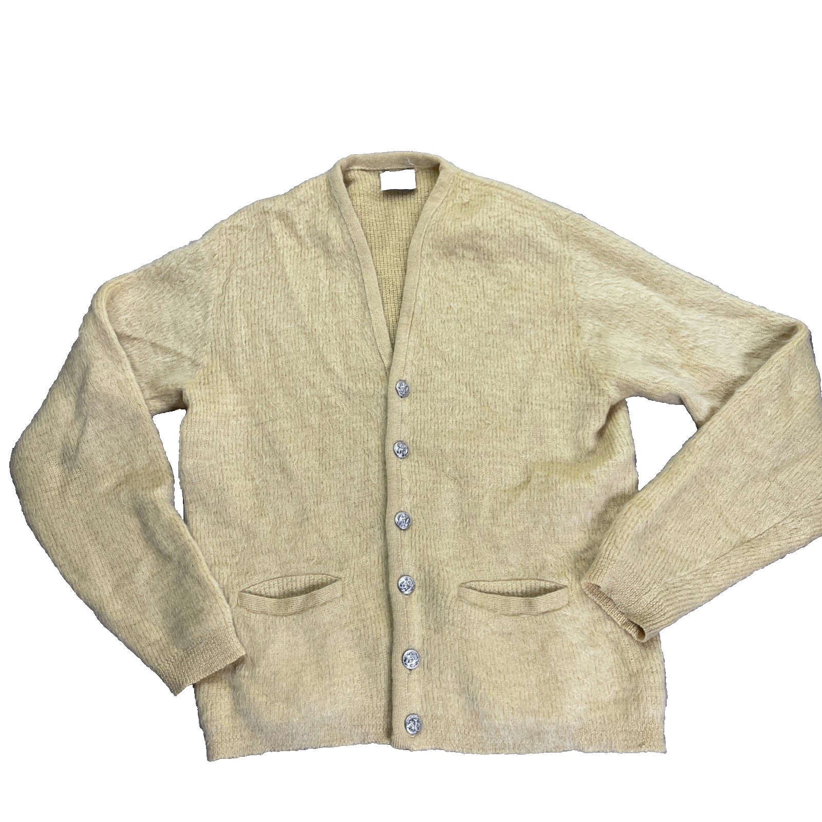 Vtg 60\'s Campus Wool Mohair Cardigan Sweater Mens M Yellow Shaggy