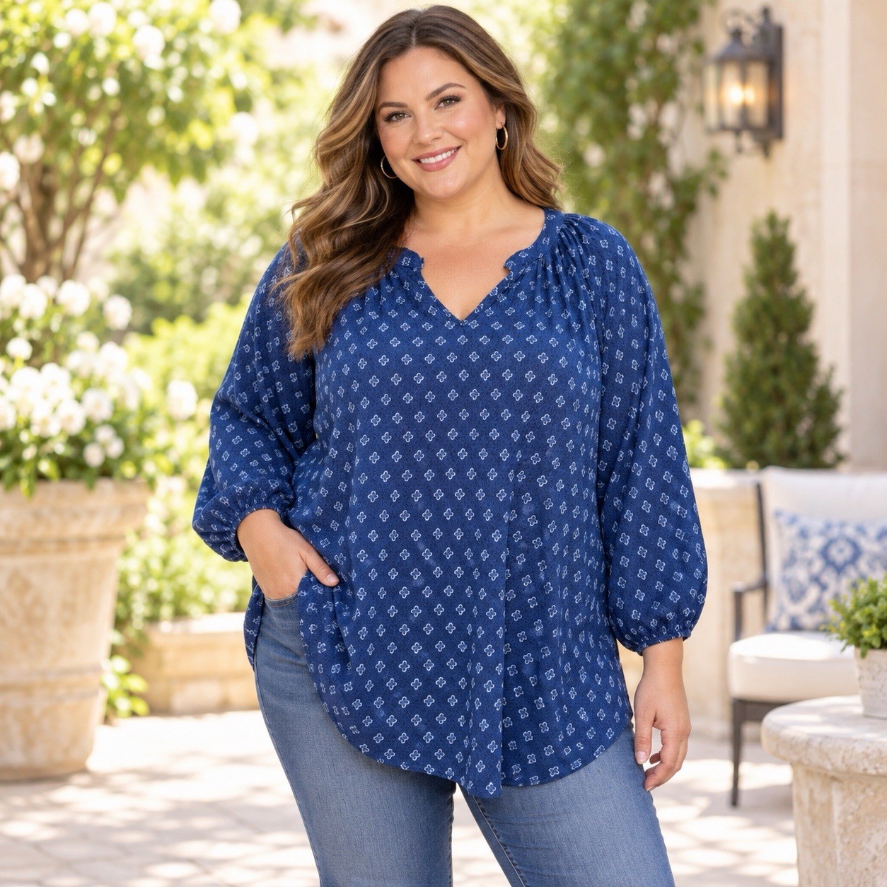 CROFT & BARROW Womens 2X Blue White Clover Floral Split V-Neck 3/4 Sleeve Blouse