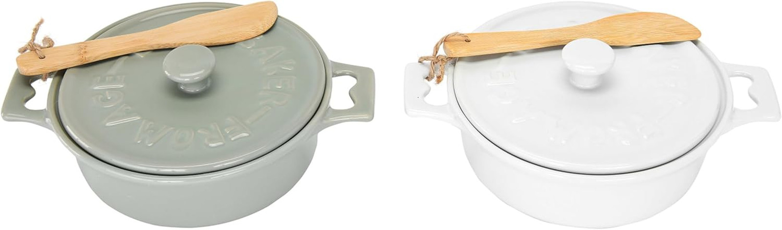 Creative Co-Op 2-Piece Farmhouse round Lidded Stoneware Brie Bakers with Wood Sp