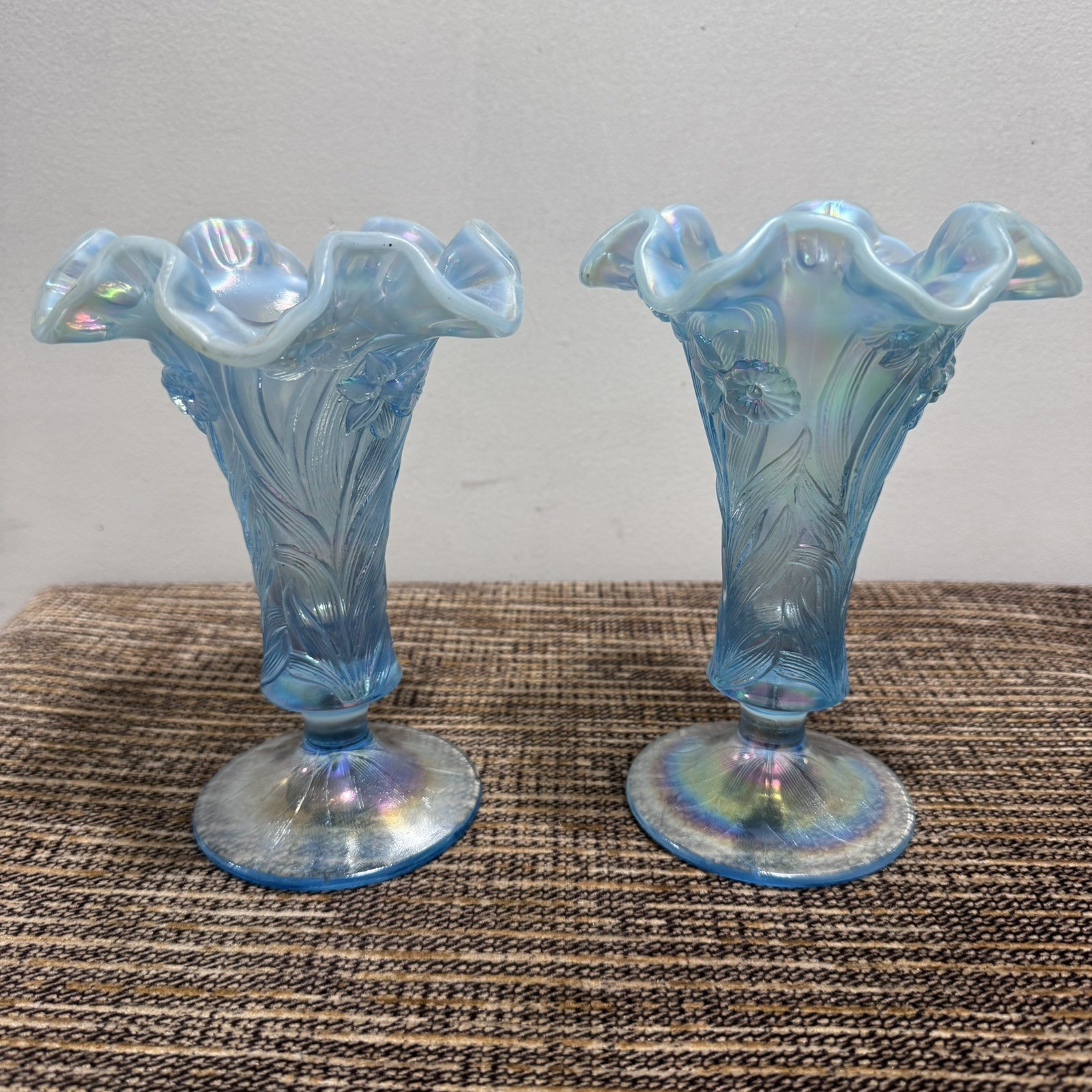 Vintage Fenton Art Glass Blue Satin Opalescent Daffodil Ruffle Rim 2 Vases Vintage Fenton Art Glass Blue Satin Opalescent Daffodil Ruffle Rim 2 Vases