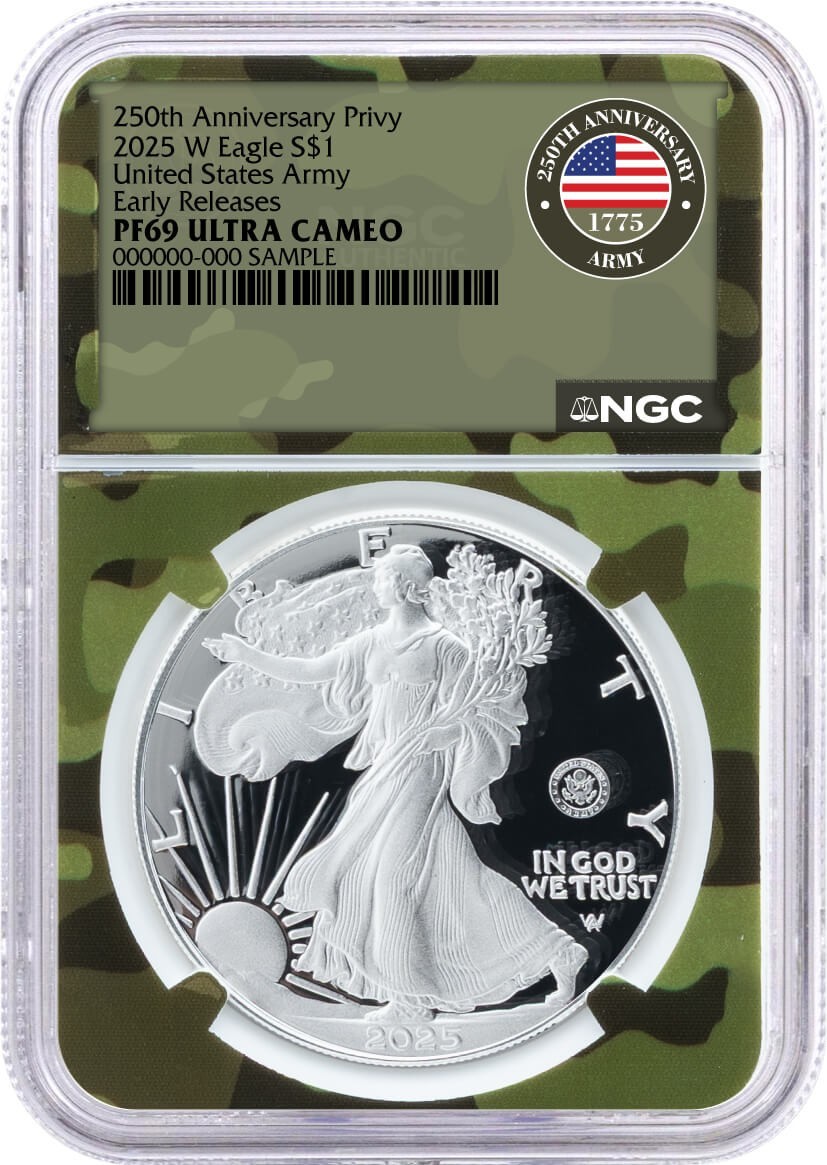 2025 W $1 Silver Eagle 250th Anniv U.S. Army Privy NGC PF69 UCAM ER Camo Core