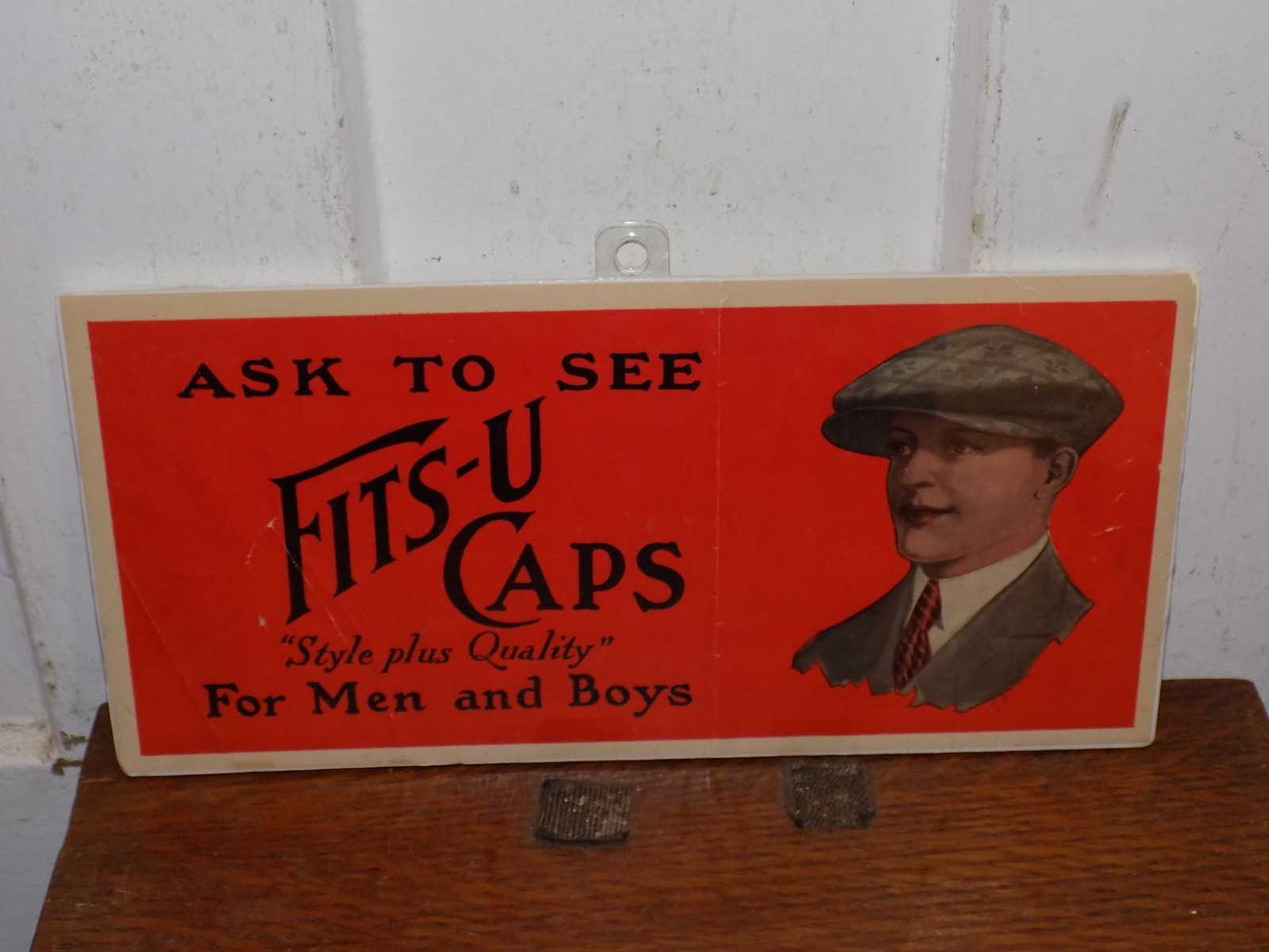 Vintage Fits-U Caps Paper Store Sign Vintage Fits-U Caps Paper Store Sign