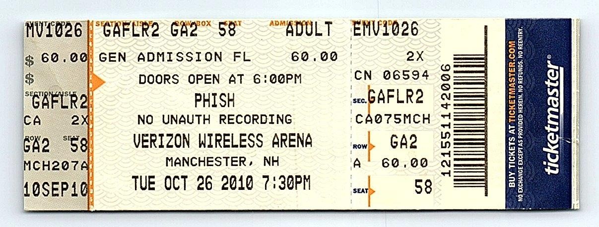 Phish Untorn Concert Ticket Stub October 26 2010 Manchester New Hampshire Phish Untorn Concert Ticket Stub October 26 2010 Manchester New Hampshire