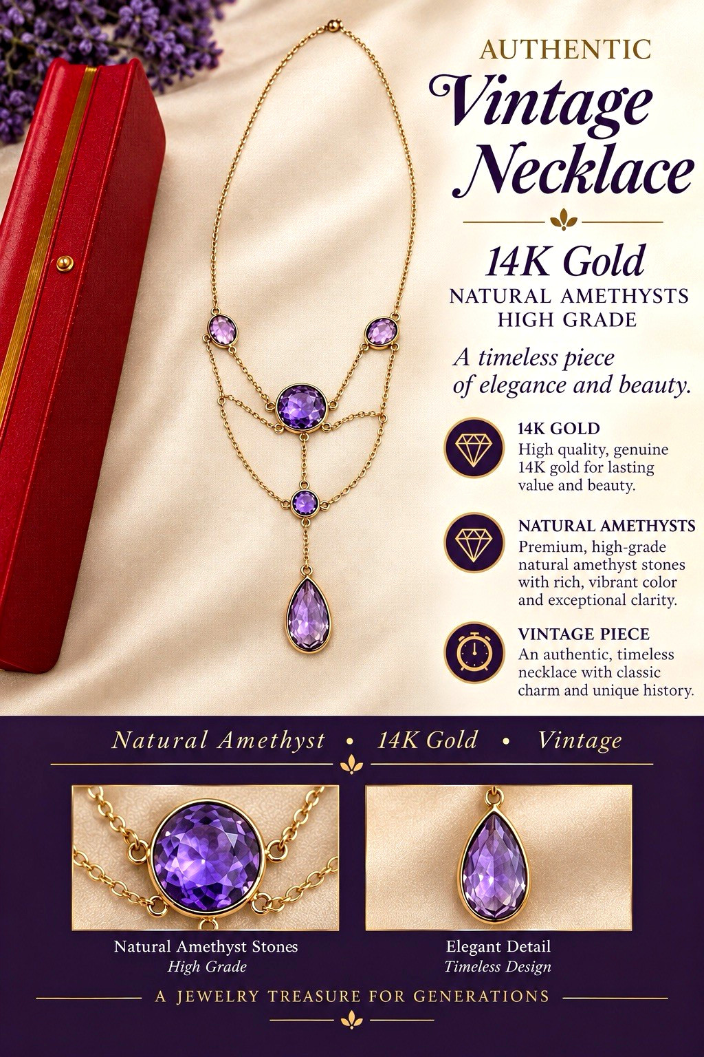 Vintage 14k Yellow Gold Natural Pear Amethyst Bezel Teardrop Pendant Necklace