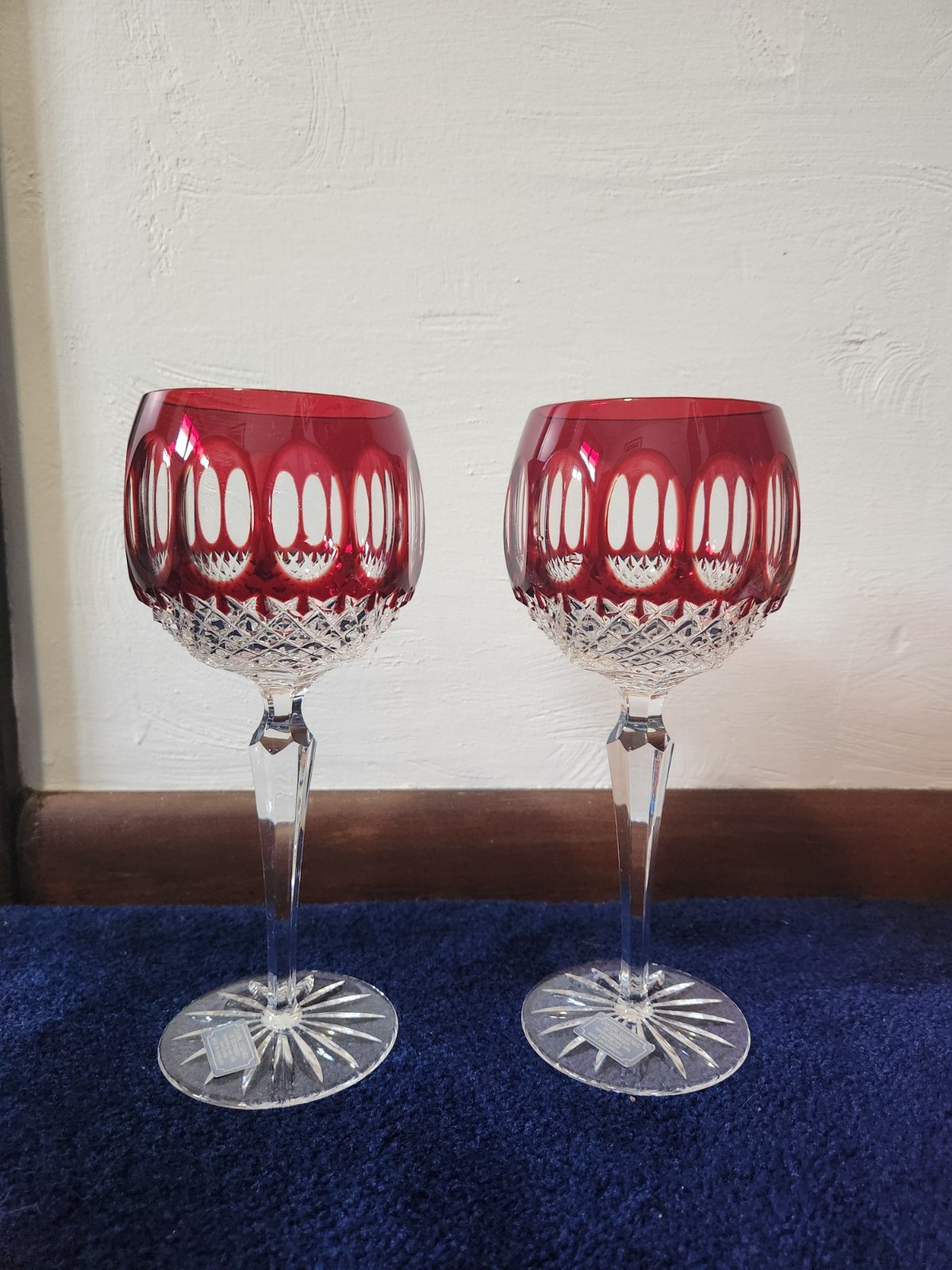 Vintage Godinger King Louis Ruby Red Cut to Clear Crystal Hock Wine Glasses Pair