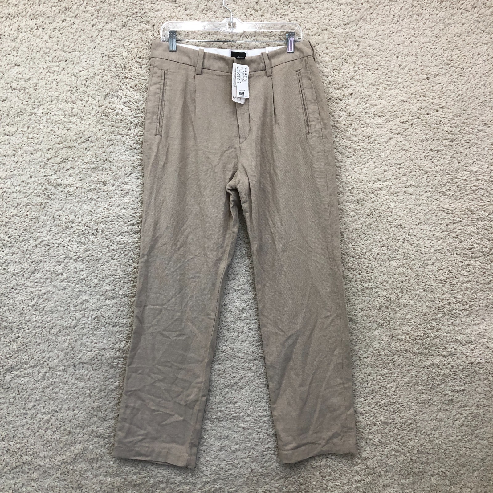 NEW H&M Dress Pants 30x30 Mens Beige Linen Blend Relaxed Fit Pleated Trousers