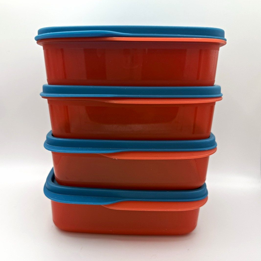 Tupperware 550 ml Square Storage Container Set 4 Orange/Blue Snap Lids 7503D-3