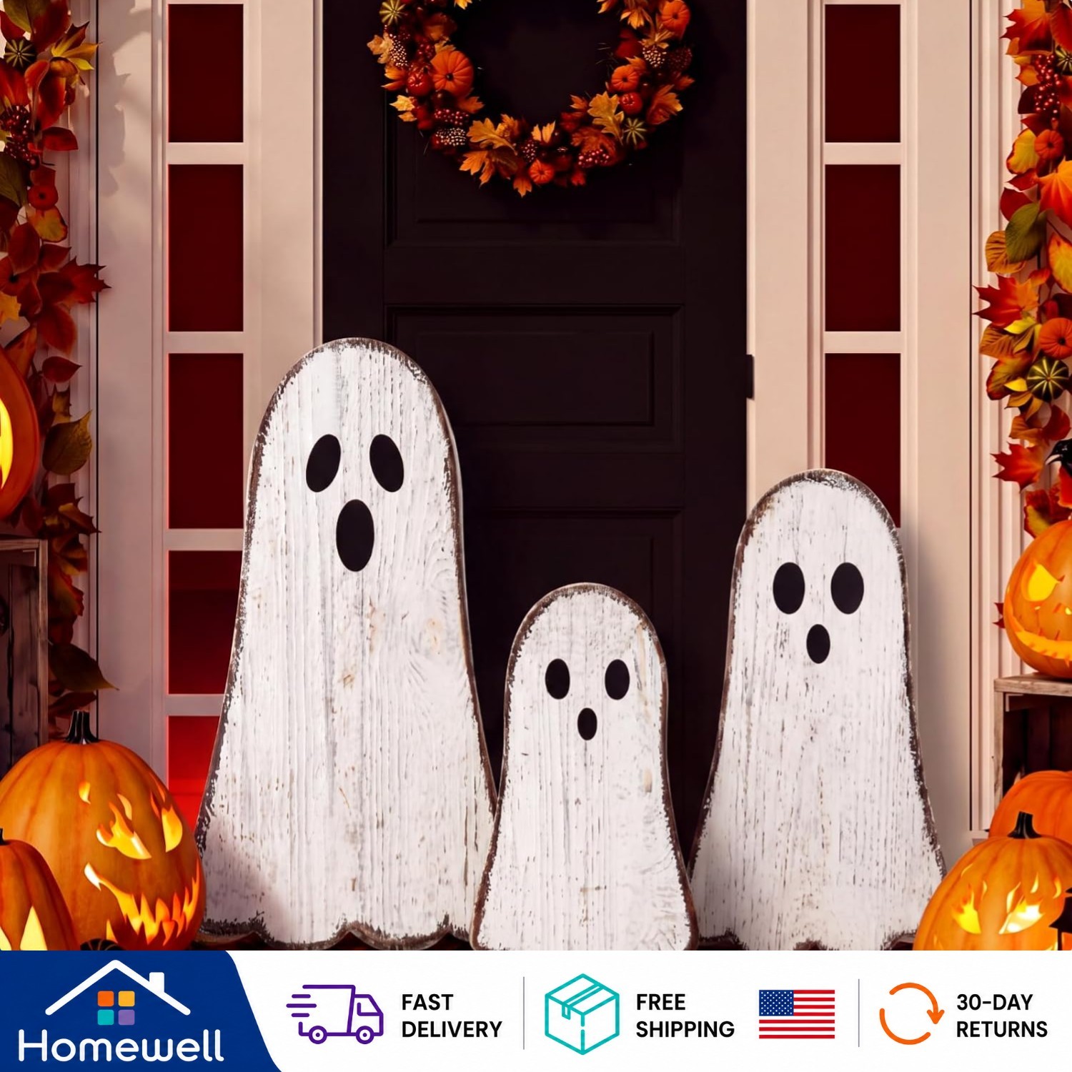 Durable Wooden Halloween Ghost Signs Set - Large 15.7\