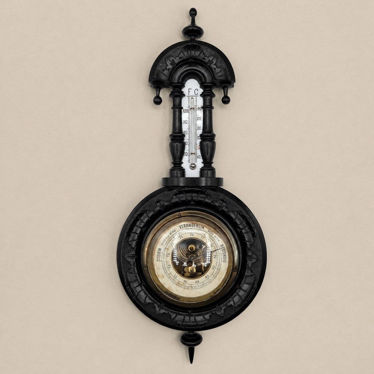 Antique Dutch Black Walnut Aneroid Barometer Thermometer Weather Station c.1890