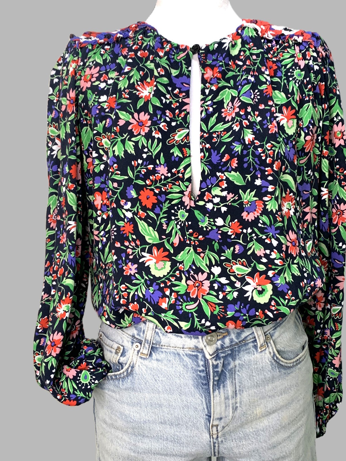 Zara Floral Blouse Women Shoulder Pads Puffy Long Sleeves Size XS