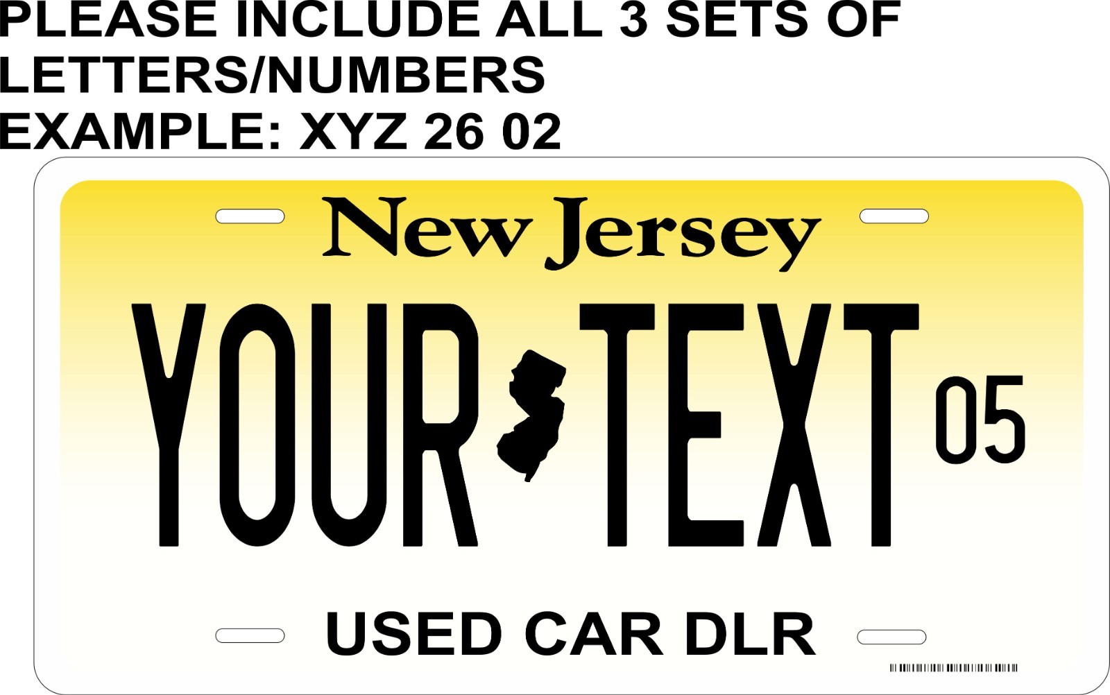 Custom New Jersey USED CAR DLR License Plate –Personalized Novelty Plate Custom New Jersey USED CAR DLR License Plate –Personalized Novelty Plate