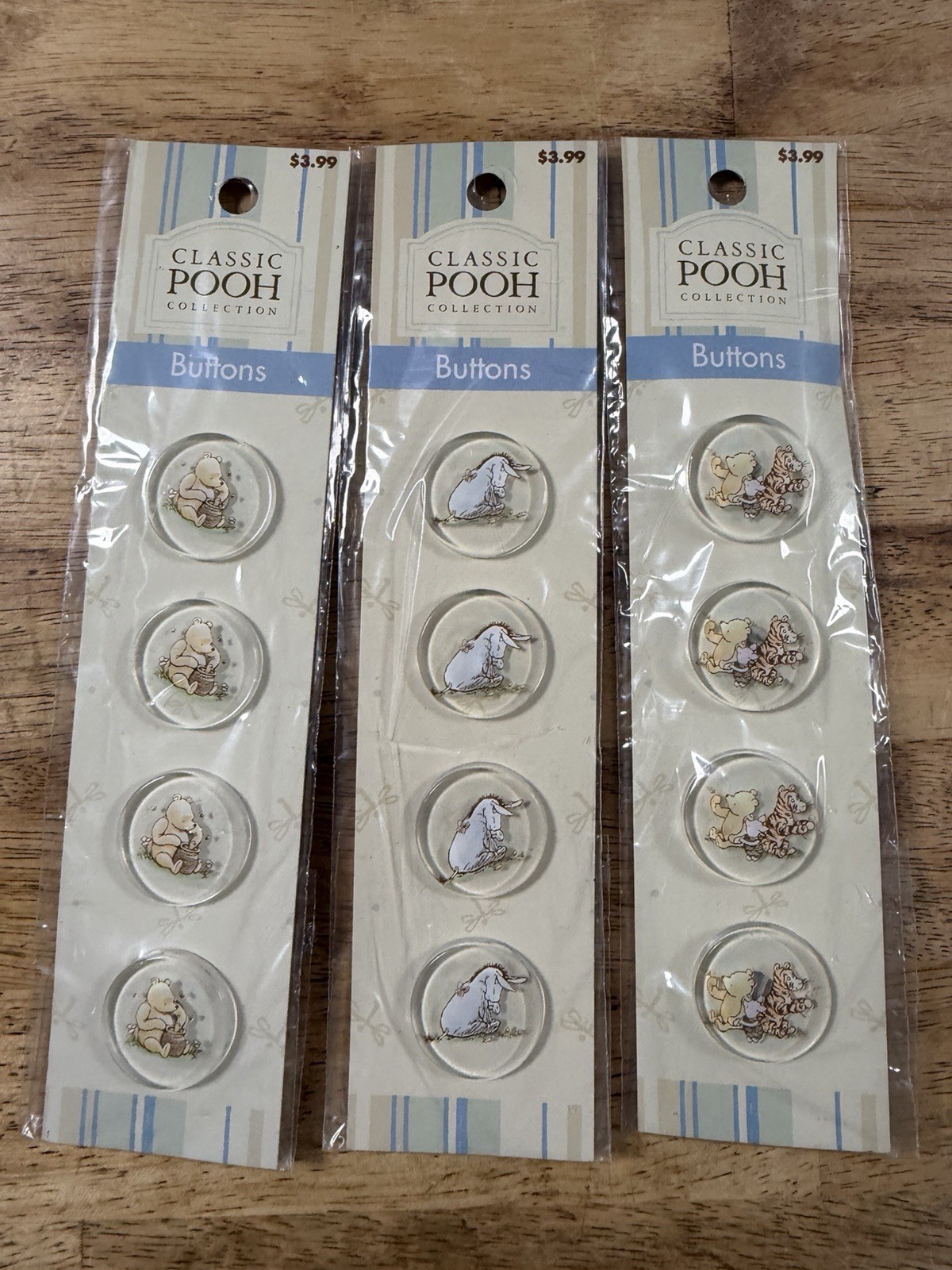 Lot of 3 Vintage Classic Pooh Collection Buttons NIP Winnie Tigger Eeyore Craft