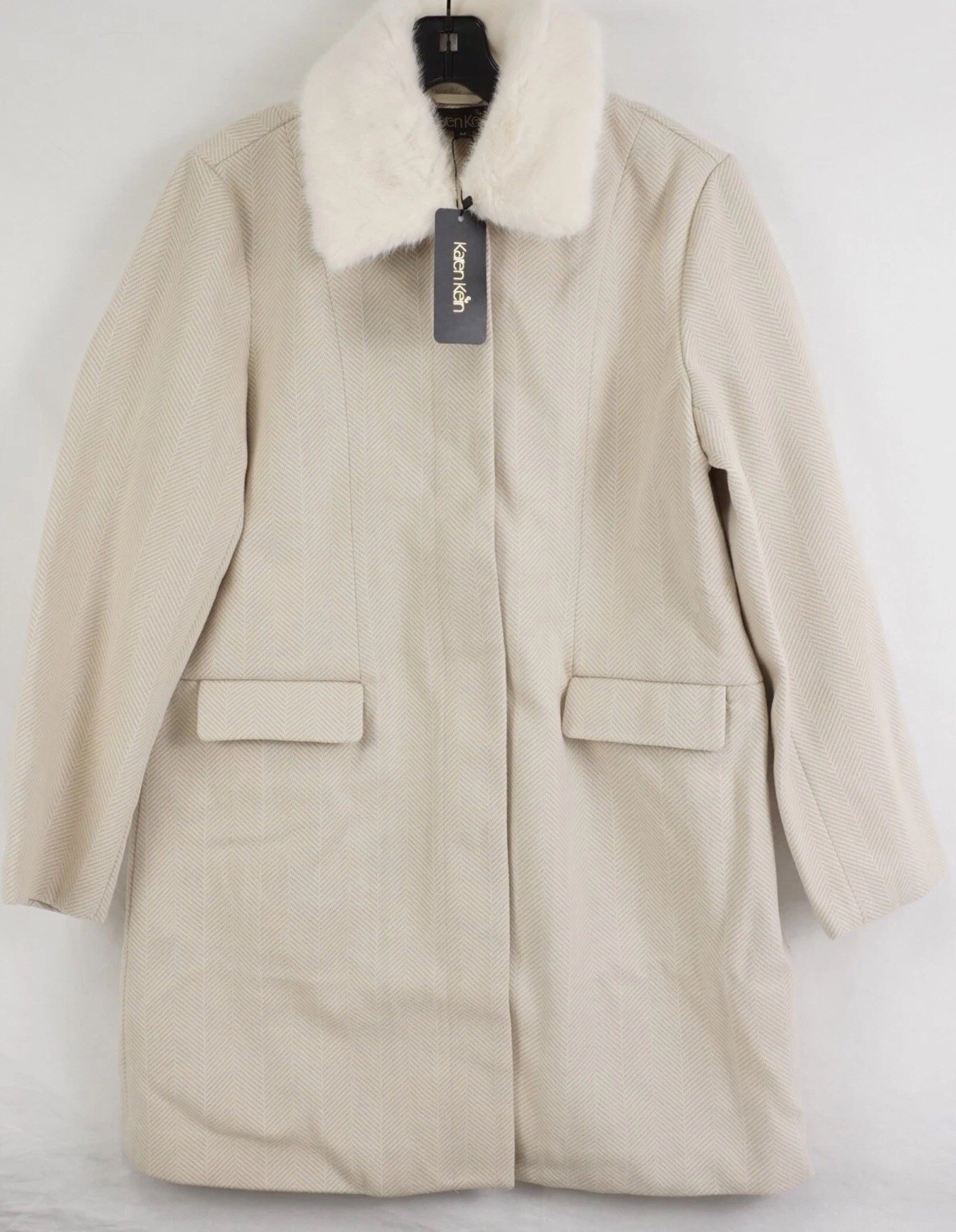 KAREN KEIN Beige Chevron Coat Fur Collar Womens AB-062 Size Medium NWT