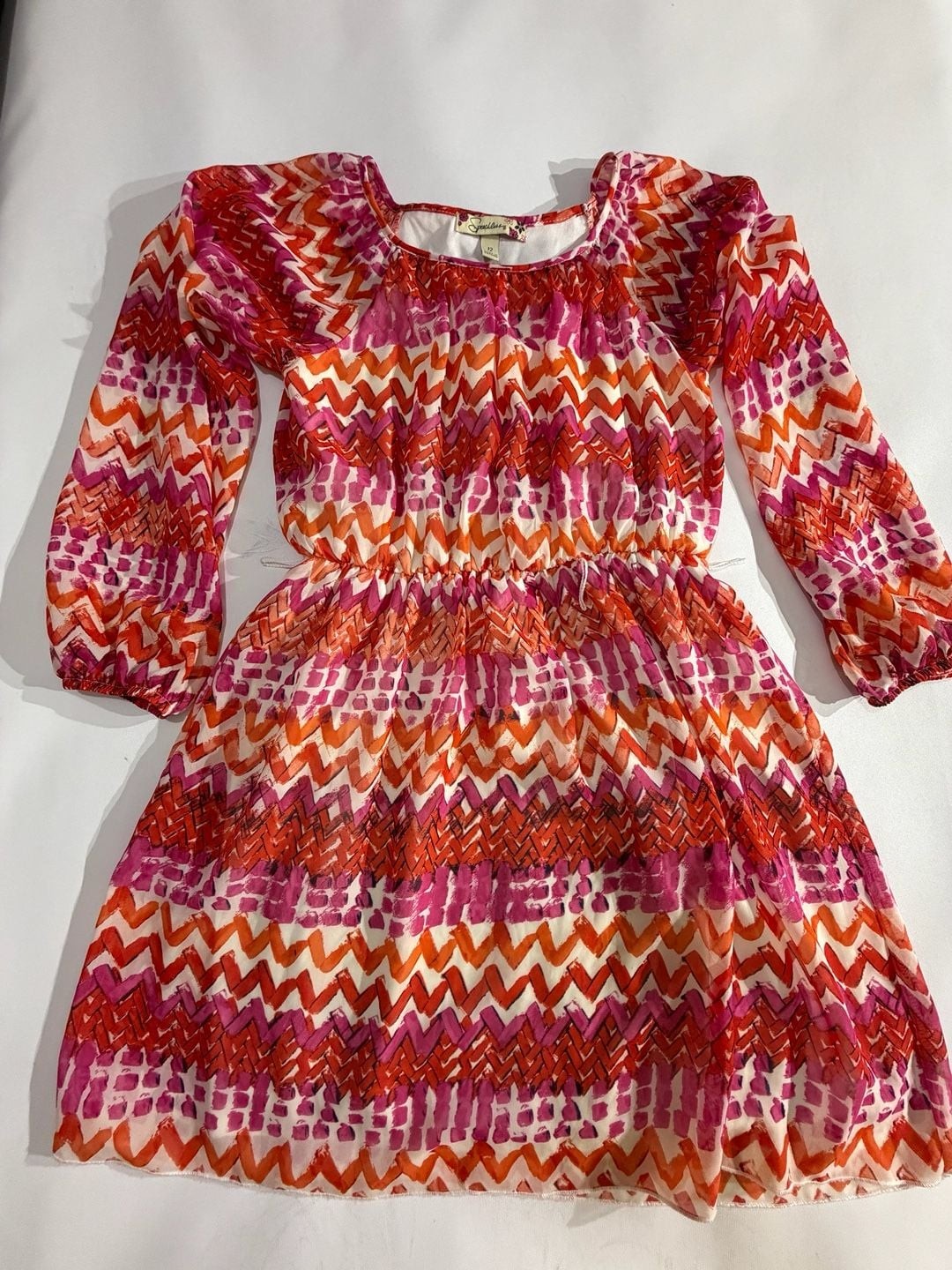 Speechless Girls Pink Orange Chevron Long Sleeve Chiffon Dress Size 12