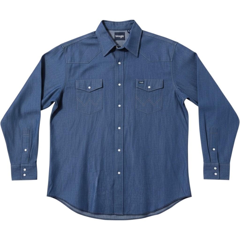 VTG Wrangler Sanforized Blue Denim Men\'s Pearl Snap Button Western shirt 17.5x35