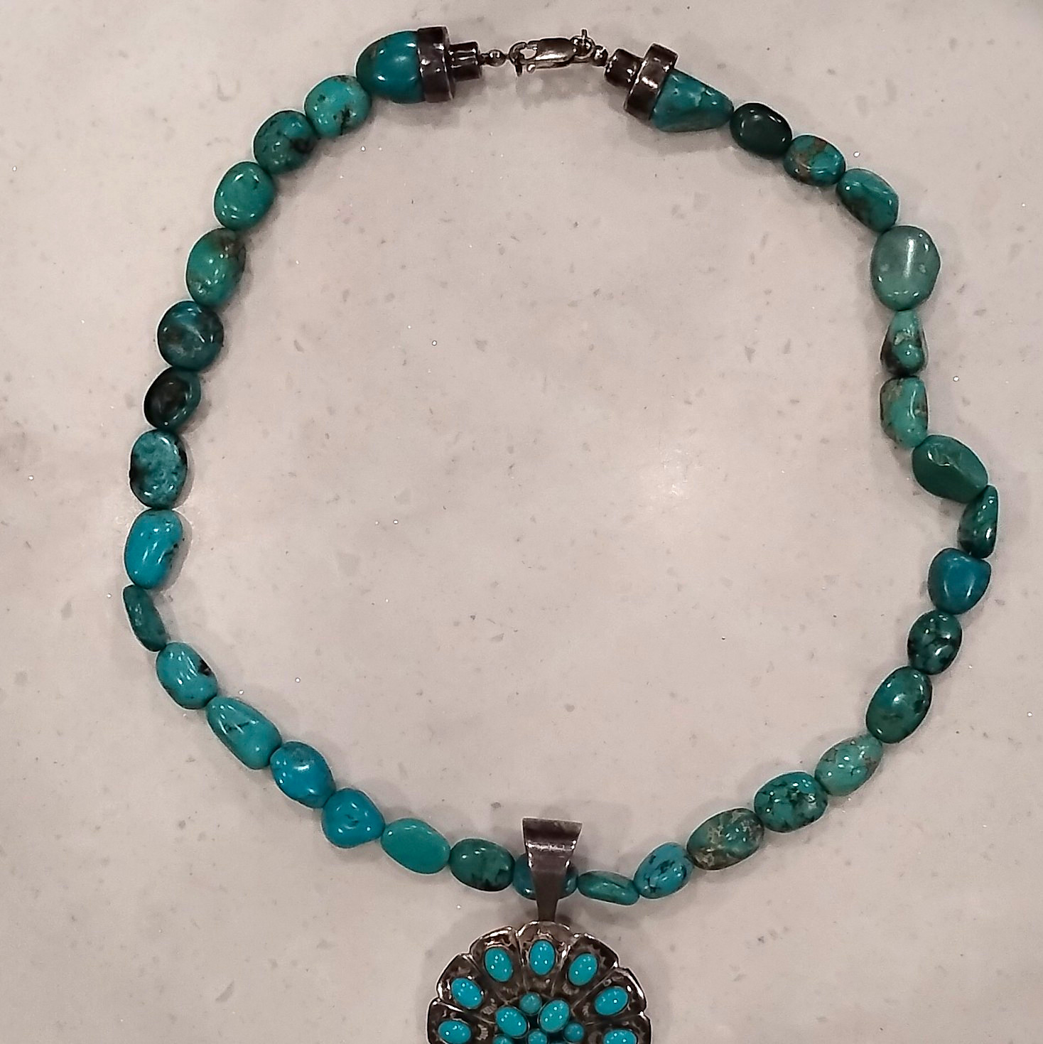 .925 VINTAGE Turquoise Beaded Necklace with Charm Pendant Ball/Bead Chain Hook