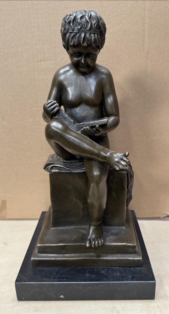 Large Bronze Sculpture of a Seated Boy Reading - Solid Marble Base - 36cm