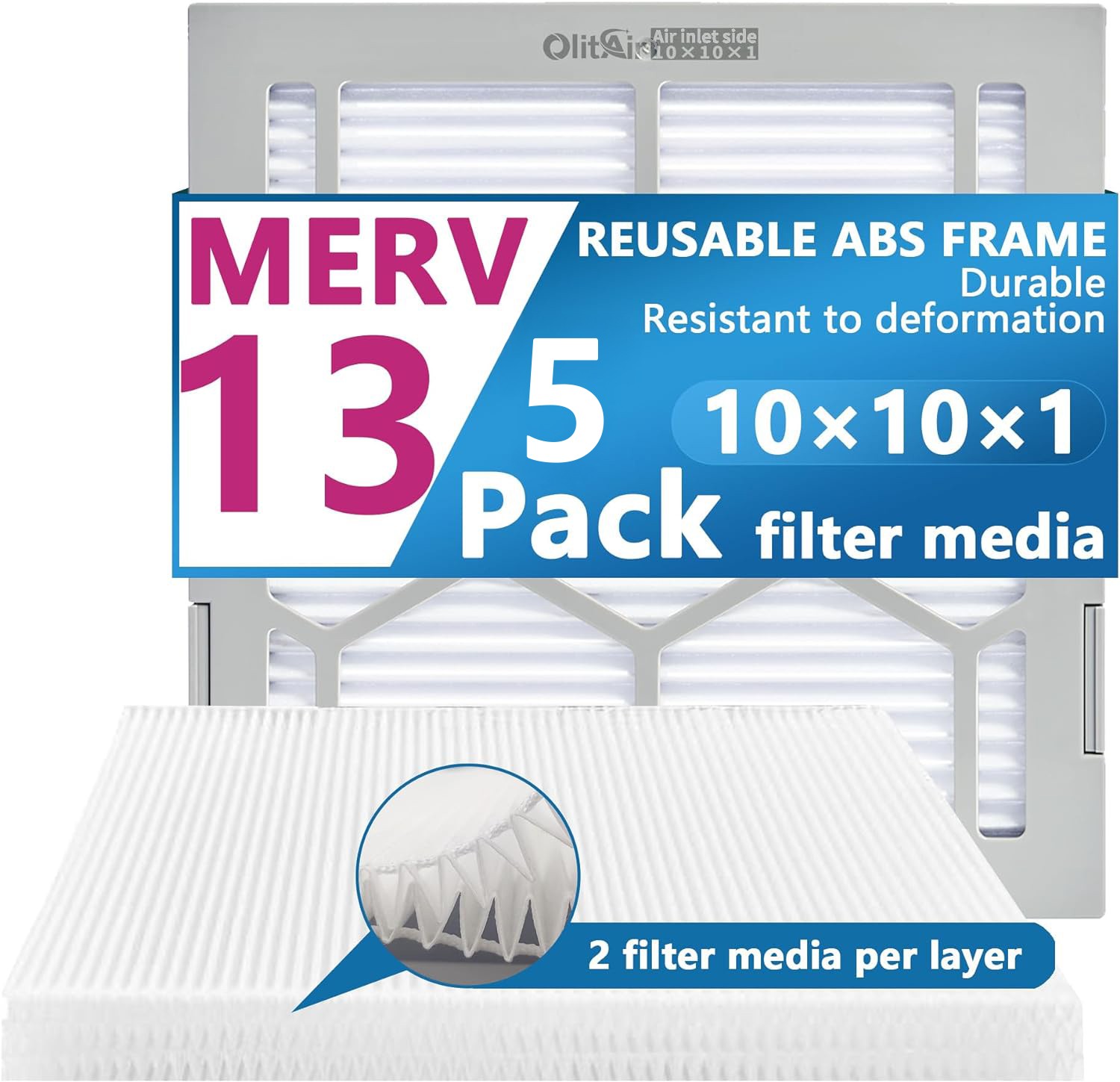 Air Filter - Furnace/HVAC, 10 x 10 x 1, MERV 13 - 5-Pack W/Reusable ABS Frame Air Filter - Furnace/HVAC, 10 x 10 x 1, MERV 13 - 5-Pack W/Reusable ABS Frame