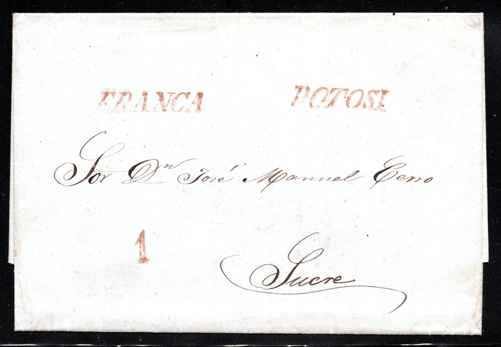 BOLIVIA, CUBIERTA Y CARTA, MARCA DE POTOSI Y FRANCA, DESTINO SUCRE,   #AGOS-0138