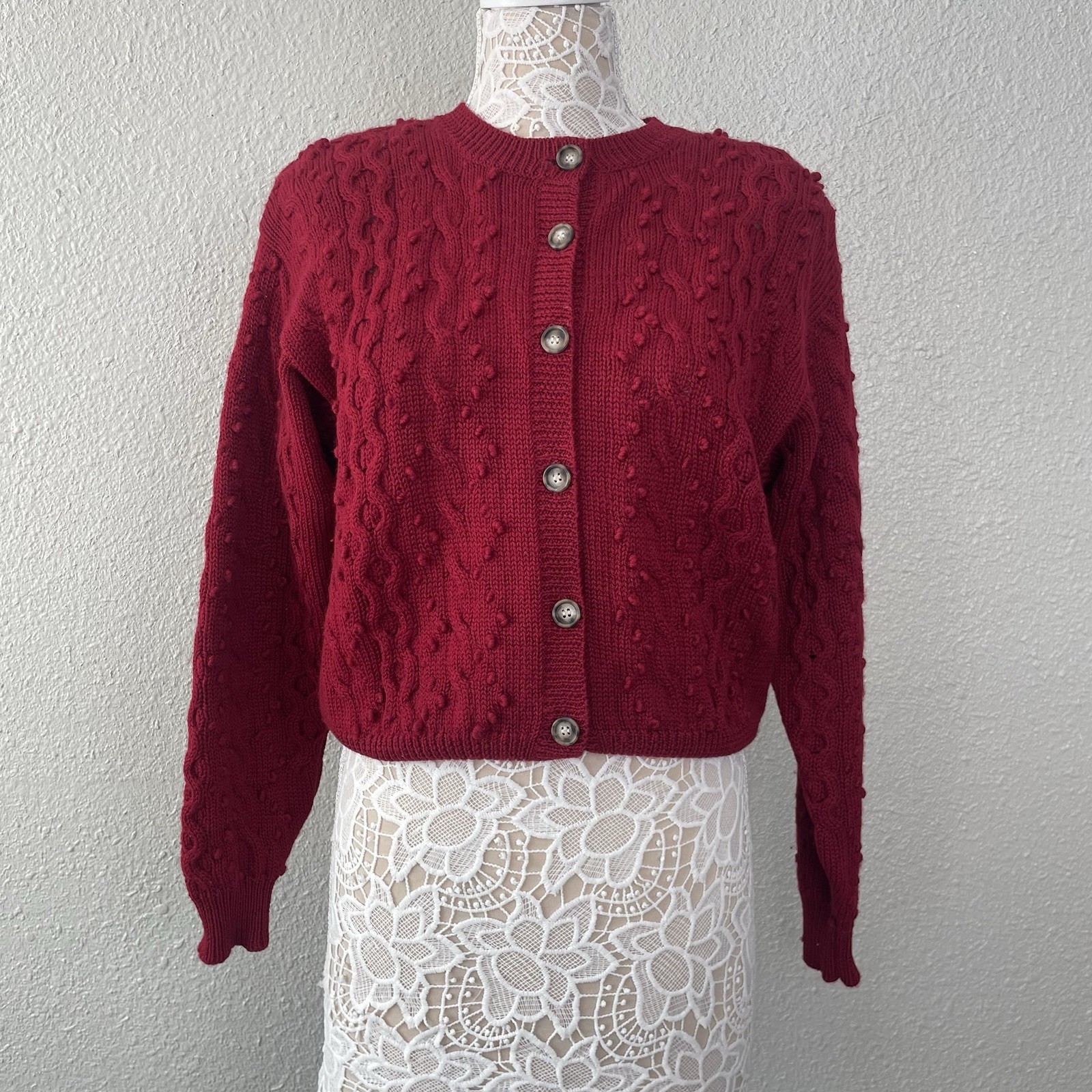 Vintage JG Hook Cable Knit Wool Cardigan Sweater Popcorn Stitch Textured Large