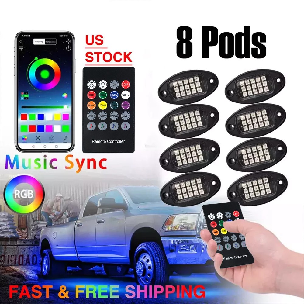 8Pods RGB LED Rock Lights Offroad Music Wireless Bluetooth Underglow Neon Lights
