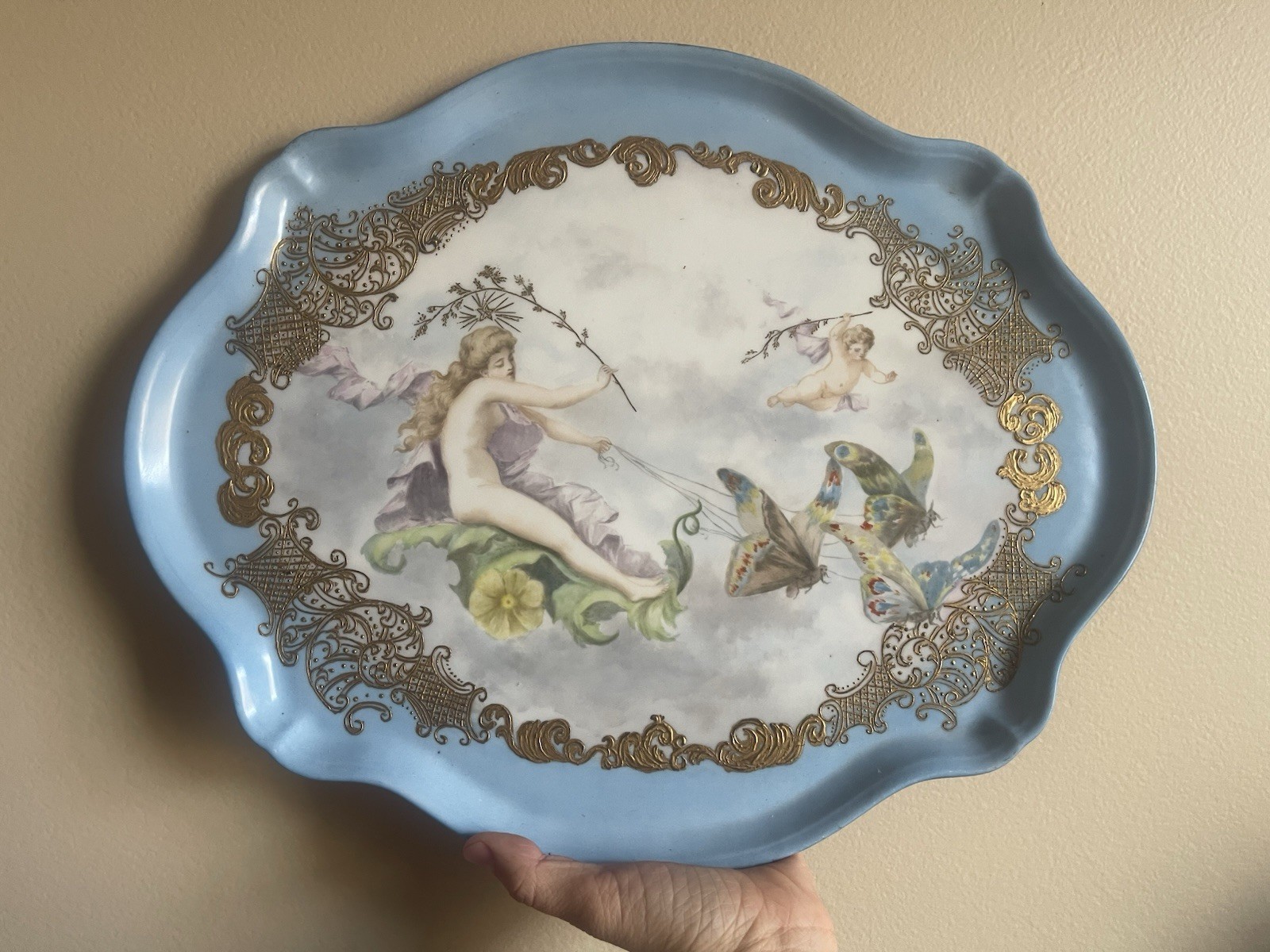 Antique Limoges Jean Pouyat Hand Painted Tray 16”x13” Gold Enamel Cherubs