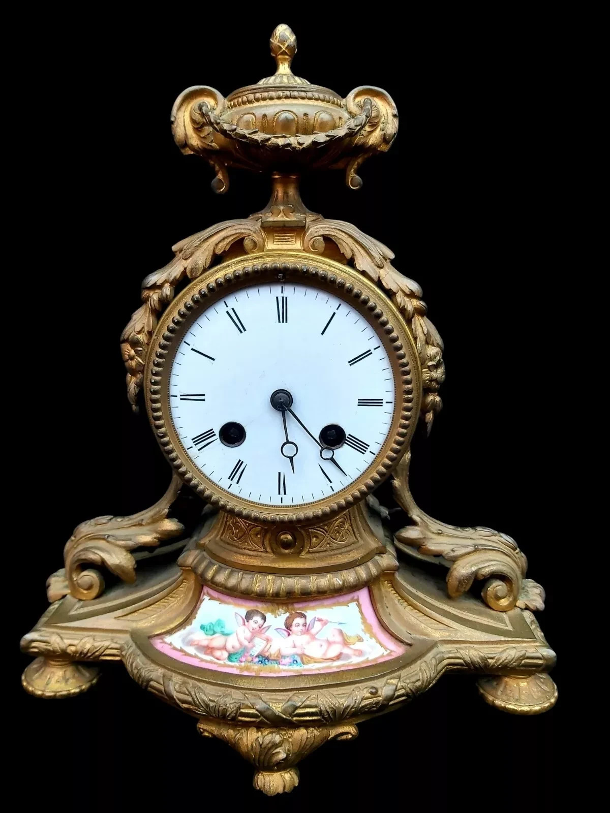 Antique Clock French Bronze Hand Painted Porcelain Signed Japy Freres Ormolu