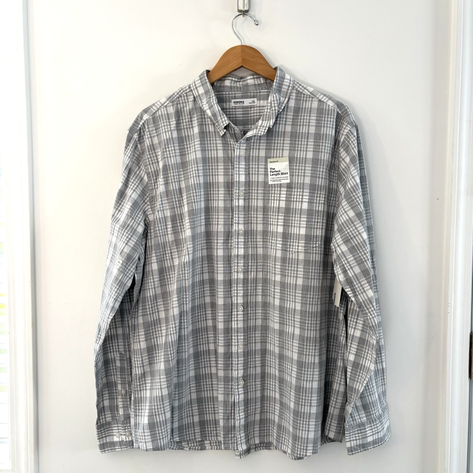 NWT Sonoma Men’s Gray Plaid Perfect Length Button Down Shirt XXL Standard Fit