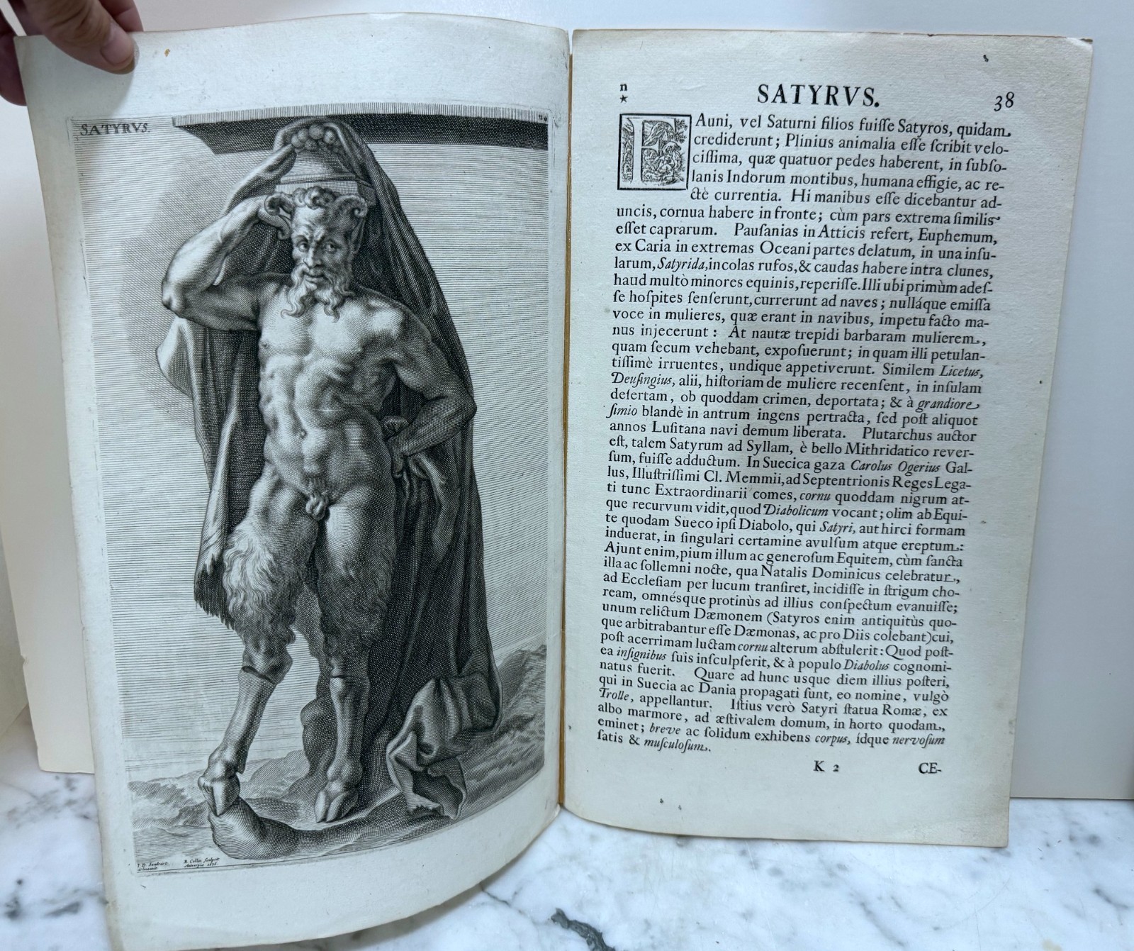 ANTIQUE 17th CENTURY BOOK ENGRAVING OF SATYR BY RICHARD COLLIN - AND TEXT PAGE