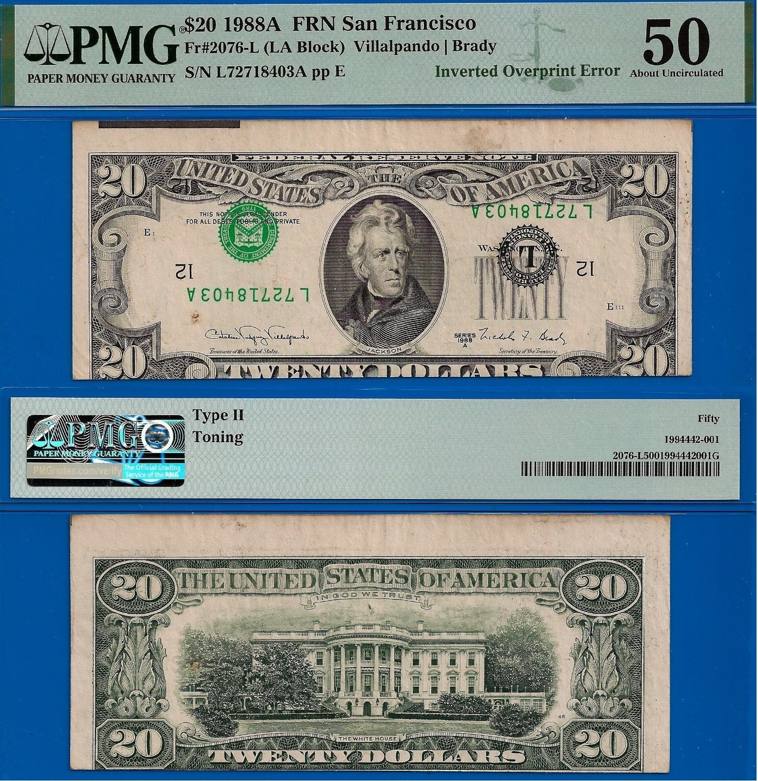 1988A $20 Federal Reserve Note PMG 50 Inverted Overprint Error Type II 1988A $20 Federal Reserve Note PMG 50 Inverted Overprint Error Type II