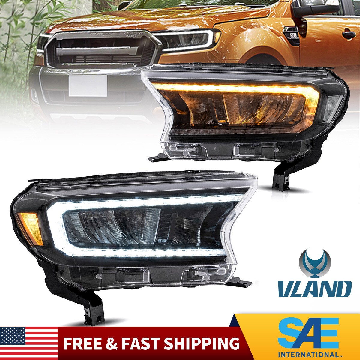 VLAND Full LED Dual Beam Headlights for Ford Ranger 2015-2021 2017 2018 2019 Set